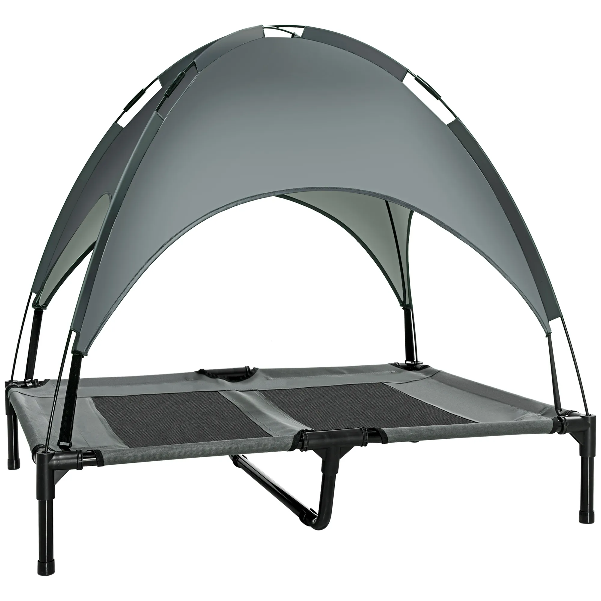 Erhöhtes Hundebett mit Baldachin, Haustierbett, Hundeliege outdoor mit Dach, Atmungsaktiv, Taftstoff für Camping Grau 92 x 76 x 90 cm