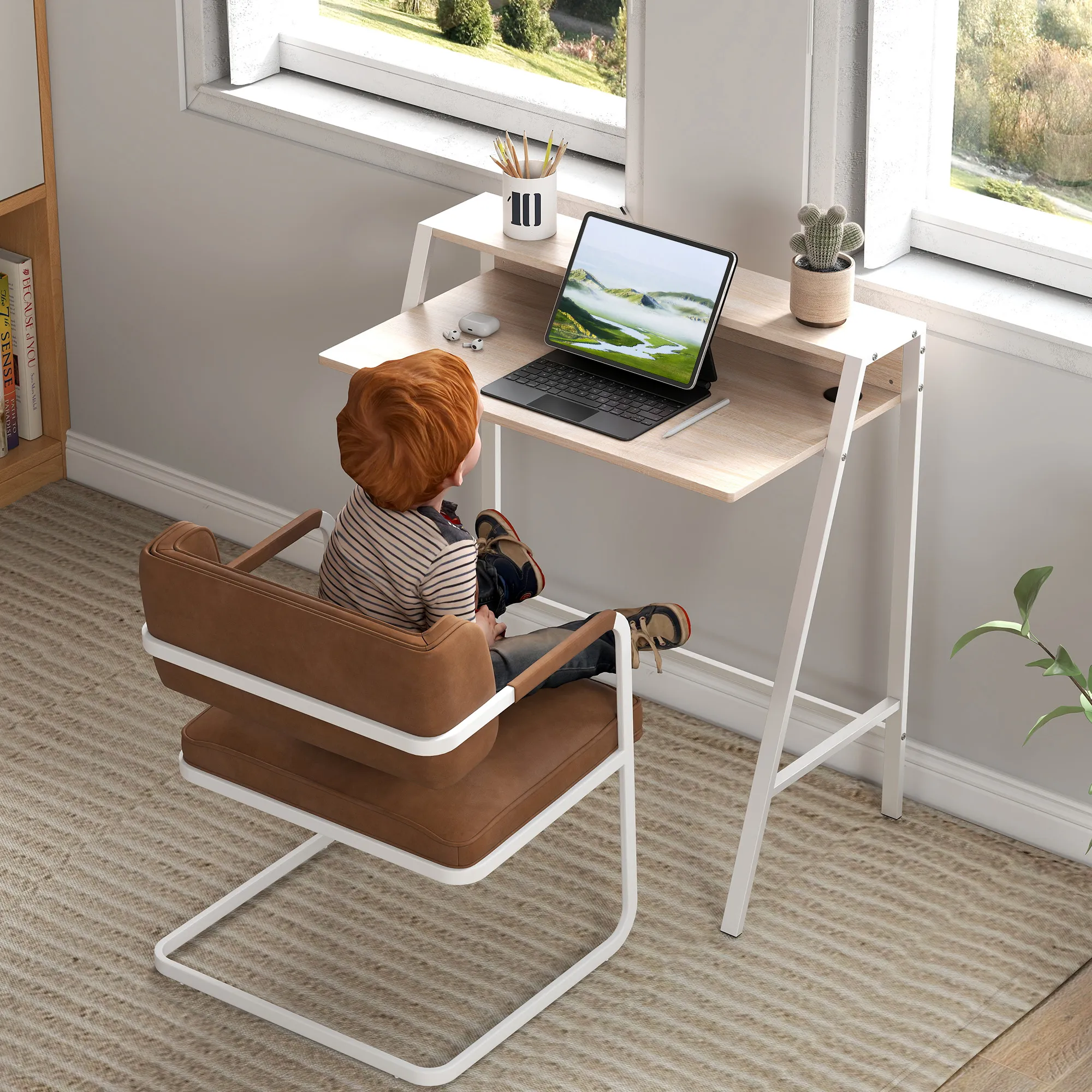 Schreibtisch, Computertisch mit Ablage und Kabel Management, moderner Schreibtisch mit Metallgestell für Arbeitszimmer, Schlafzimmer, Home Office, 84 x 45 x 85 cm, Weiß+Eiche