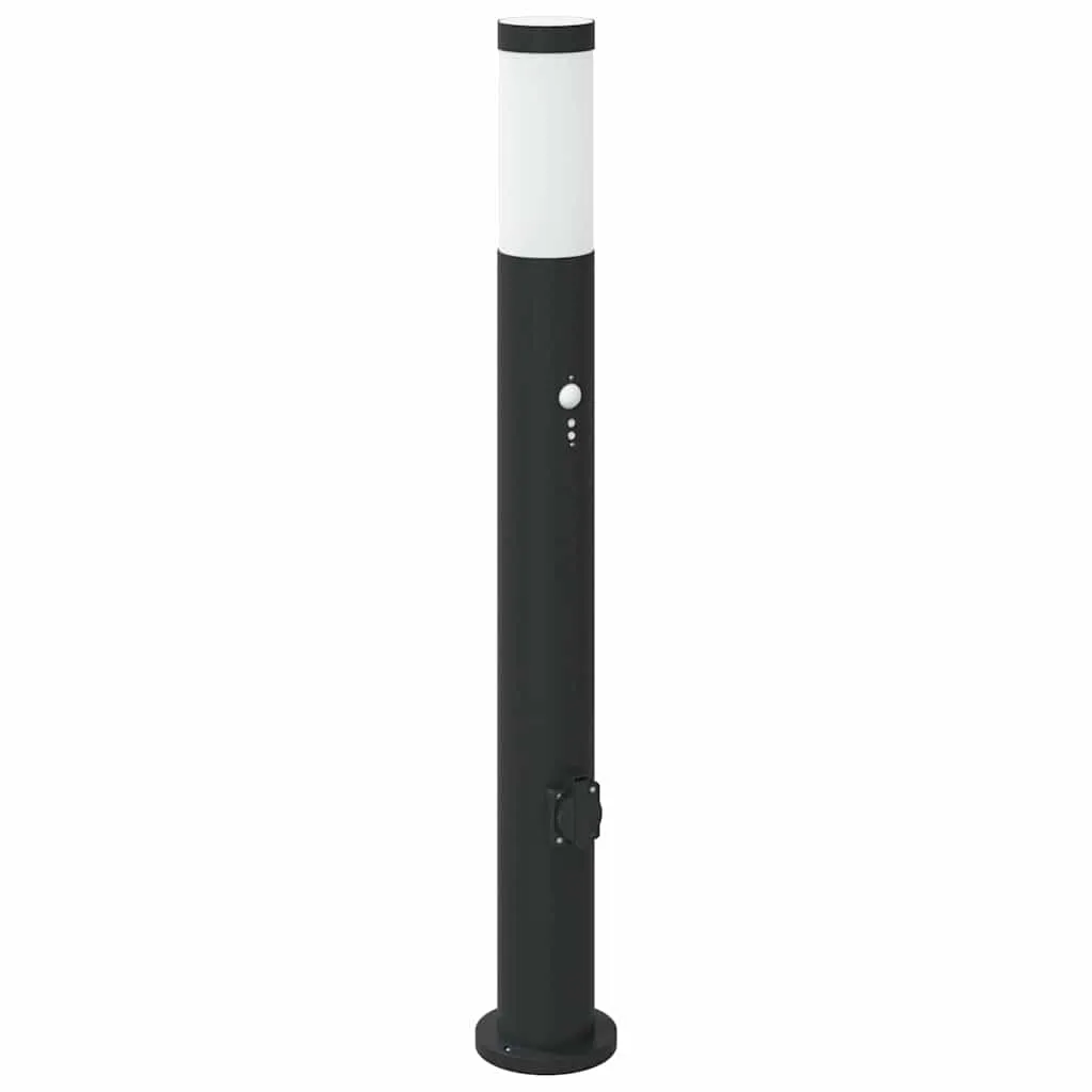 Schwarze Edelstahl Pollerleuchte 11x80 cm mit Bewegungssensor und Steckdose