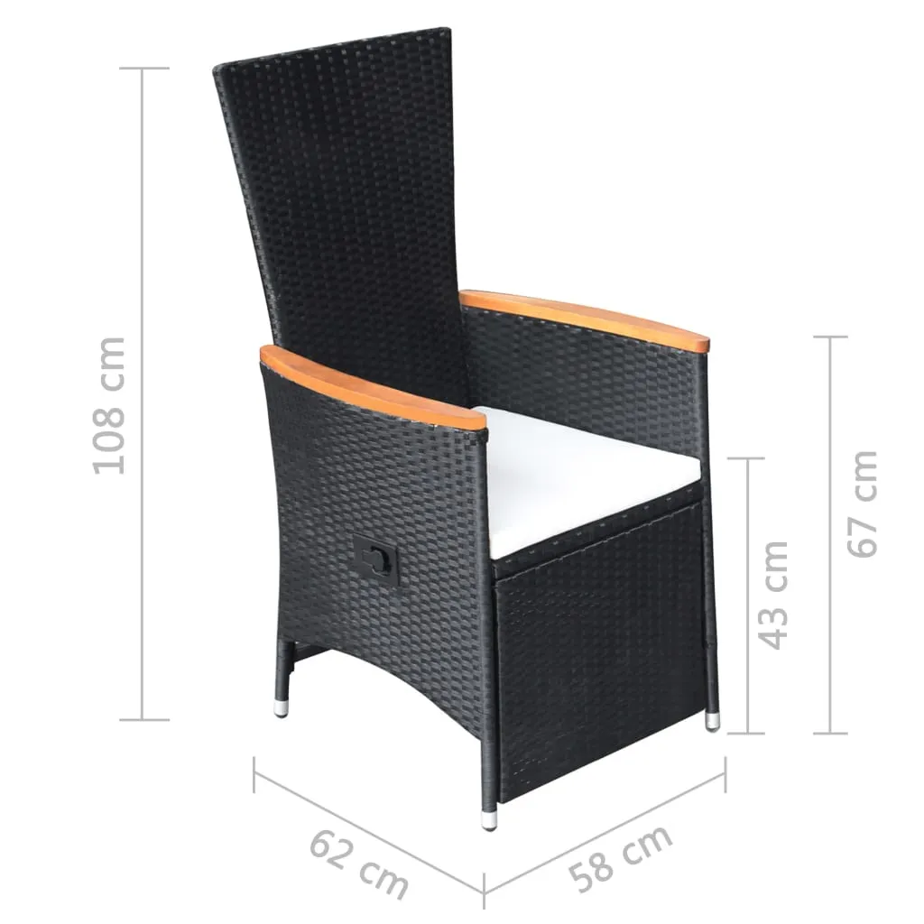 2er Set Rattan-Liegestühle Schwarz 58x62x108 cm mit Echtholz-Armlehnen