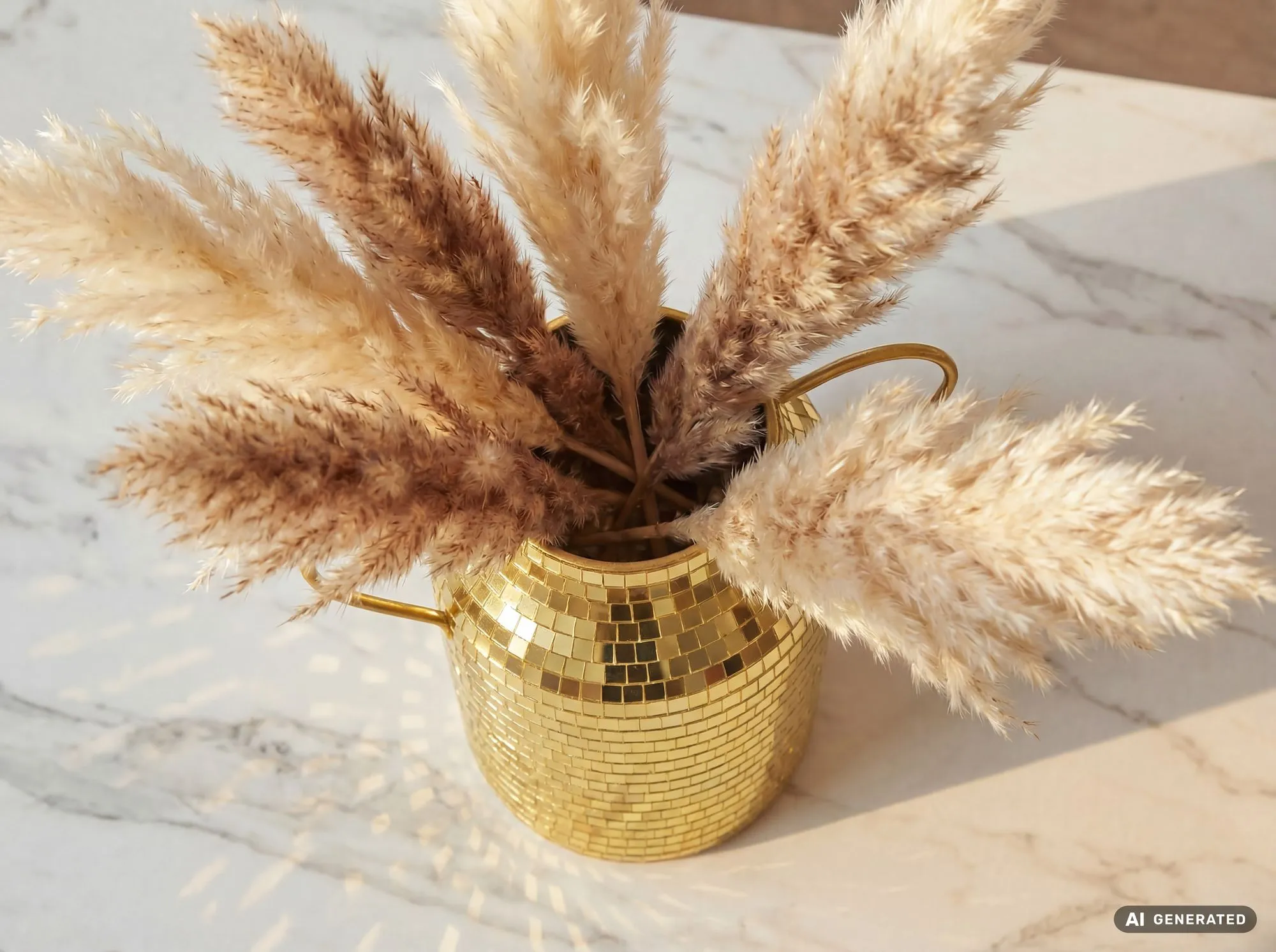 Tischvase Aluminium 32cm Gold - Blumenvase mit Henkel - Metallvase im Discokugel Design Modern - Dekovase rund für Trockenblumen - Alu Standvase Vase Hoch - Wohndeko Handmade