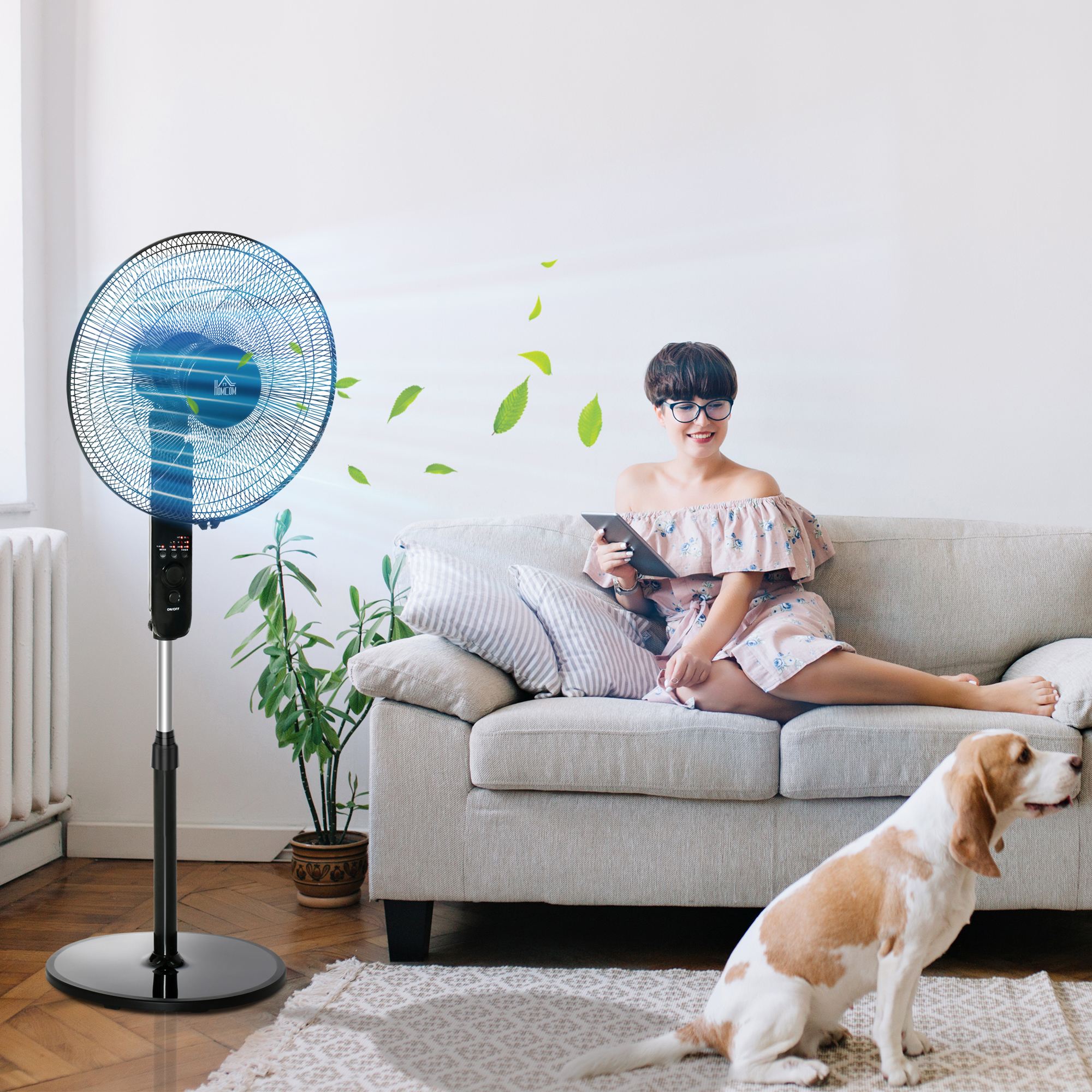 Standventilator mit Fernbedienung, Höhenverstellbarer Ventilator, 70° Oszillierender Lüfter, 3 Geschwindigkeitsstufen, Verstellbarer Neigungswinkel, 7,5h Timer, Ø44,5 x 110-124 cm, Schwarz