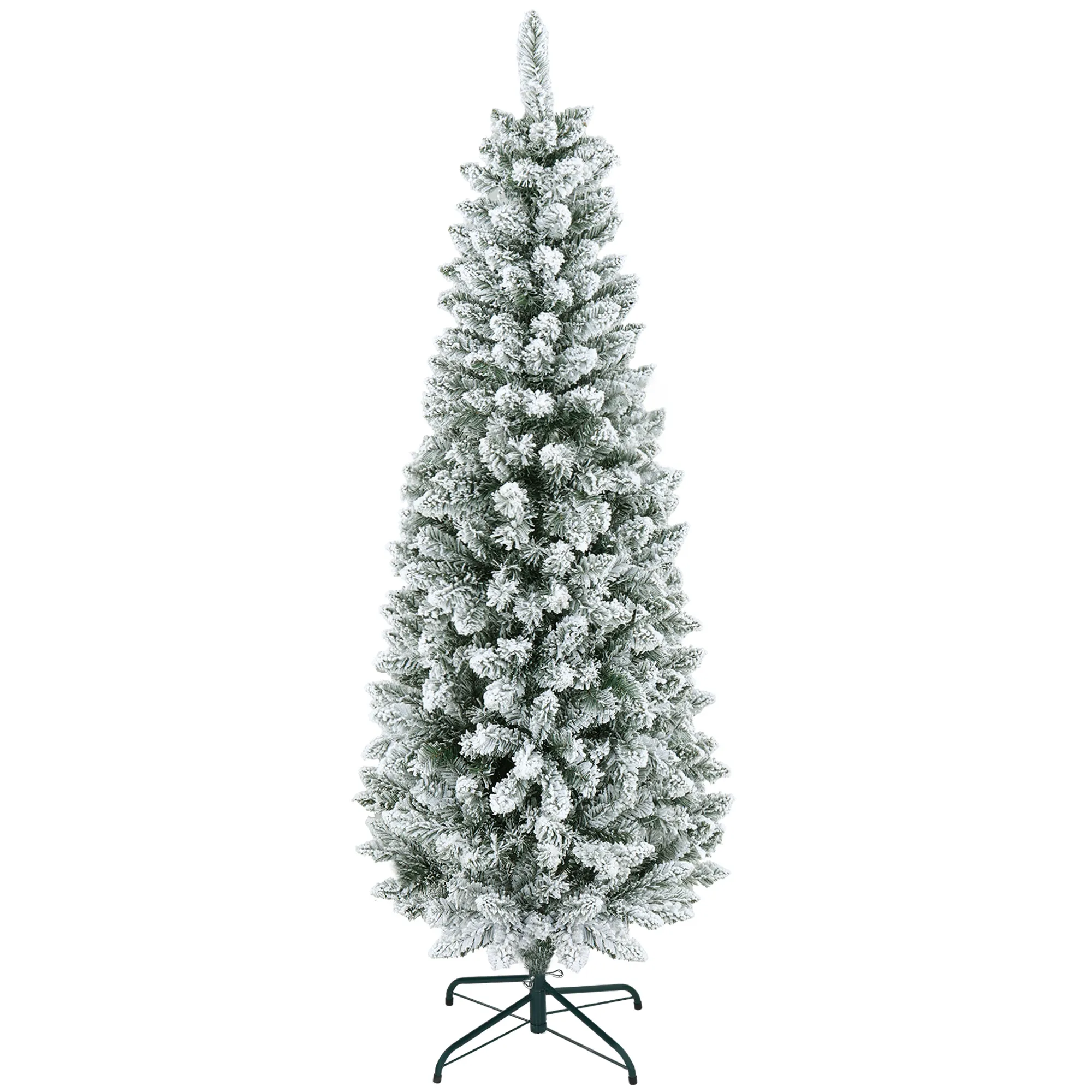 Künstlicher Weihnachtsbaum, schlanke Form, Kunstschnee, dreiteilig, flammhemmend, Metallfuß, 180 cm, Grün