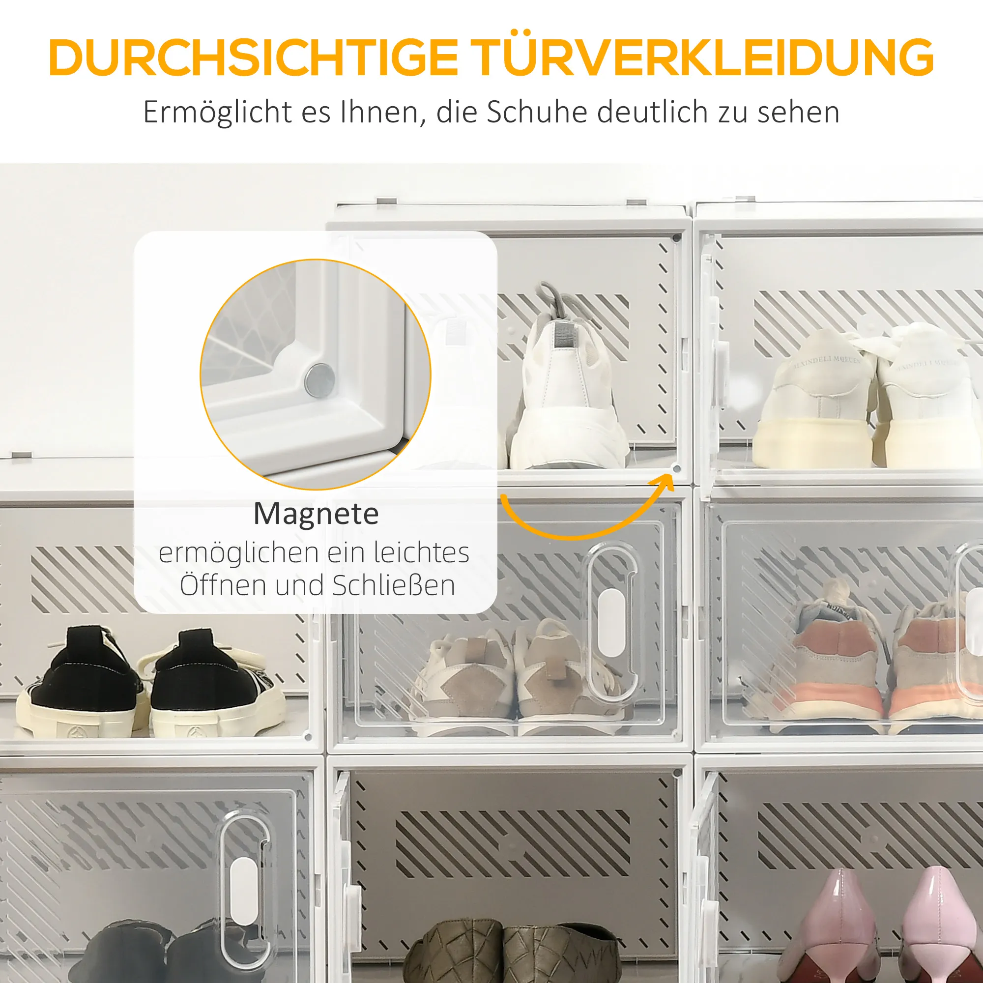 18-teiliges Schuhregal, stapelbare Schuhboxen für Schuhe bis Größe 45, magnetische Türen, Kunststoff, 28 x 36 x 21 cm