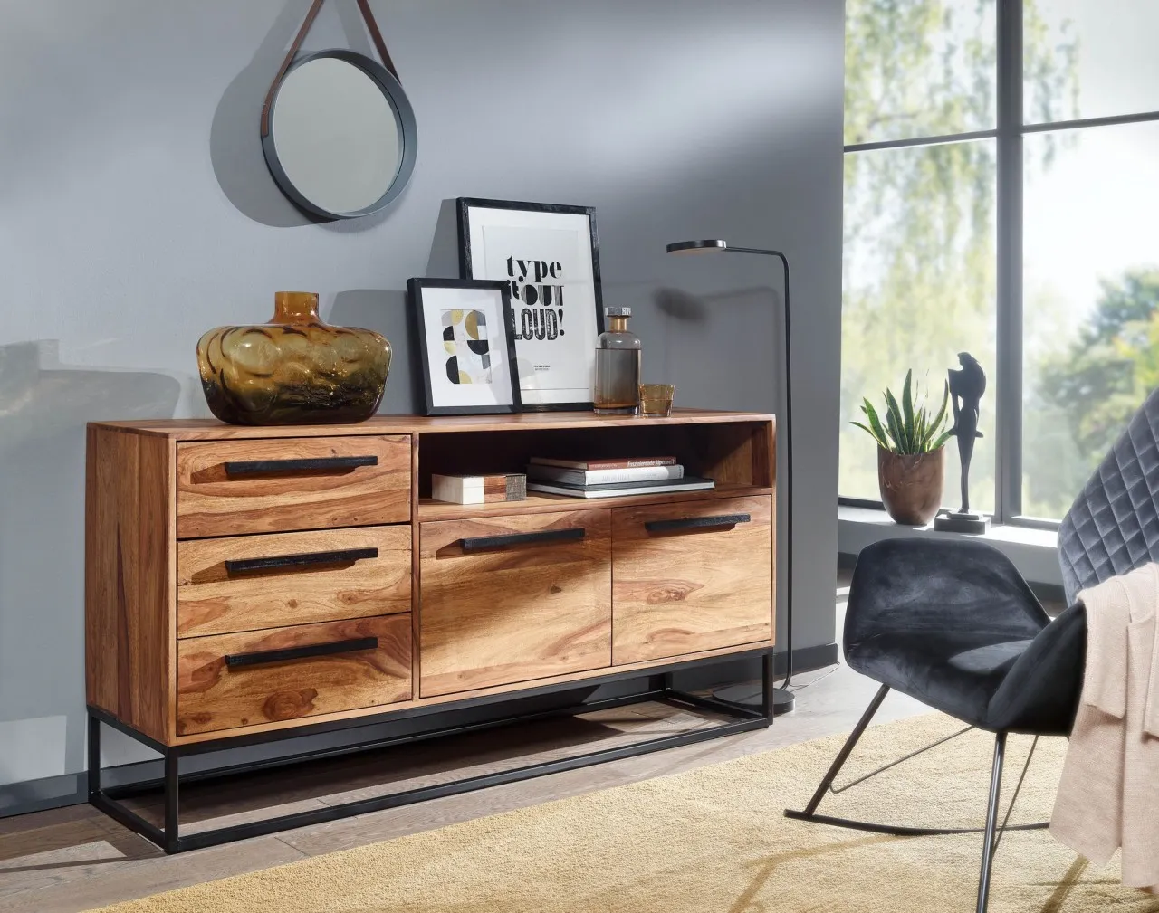 tinkaro Anrichte AUKJE Sheesham Massivholz/Metall Sideboard Braun
