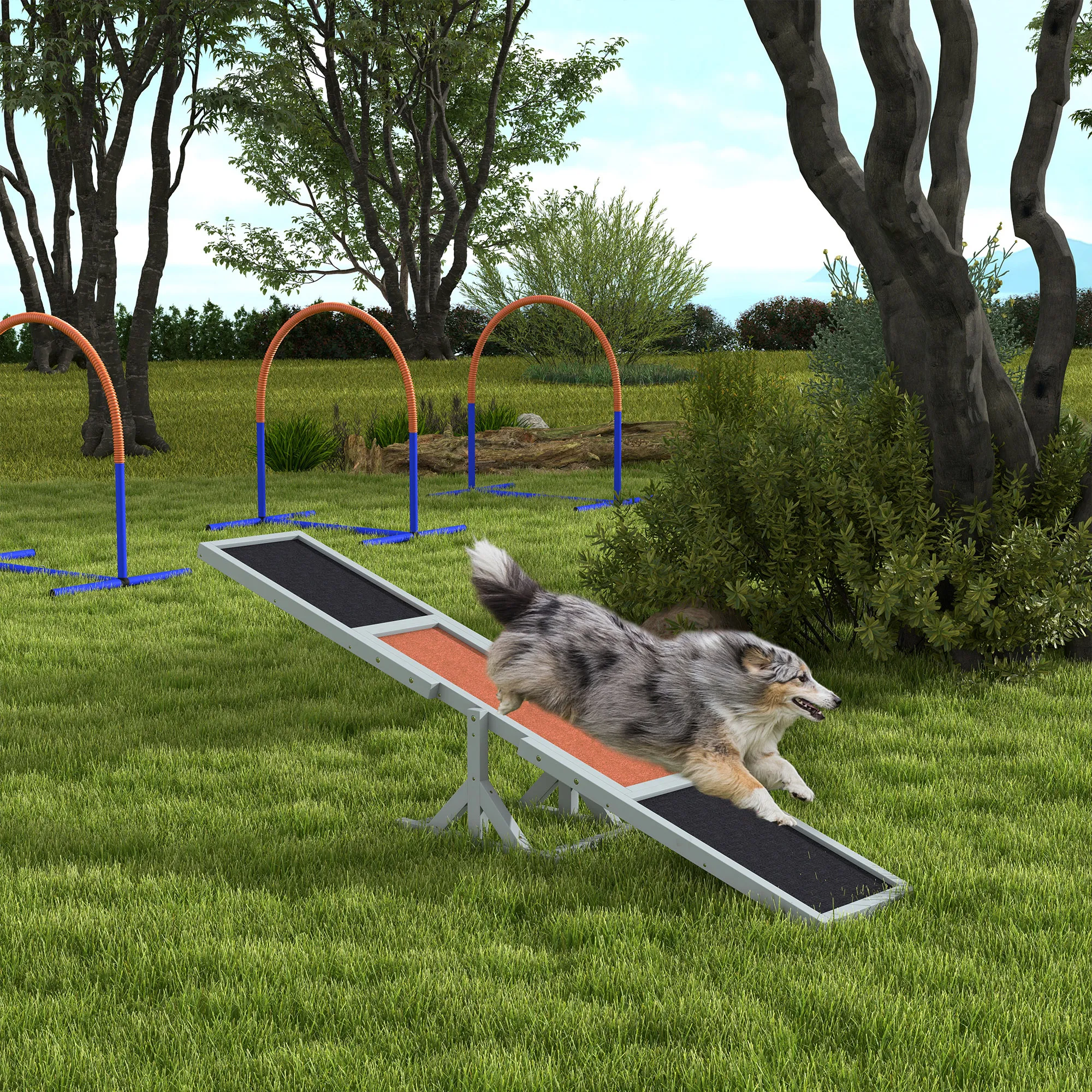 Hundewippe Agility aus Tannenholz, rutschfest, 180x30x30 cm, Grau