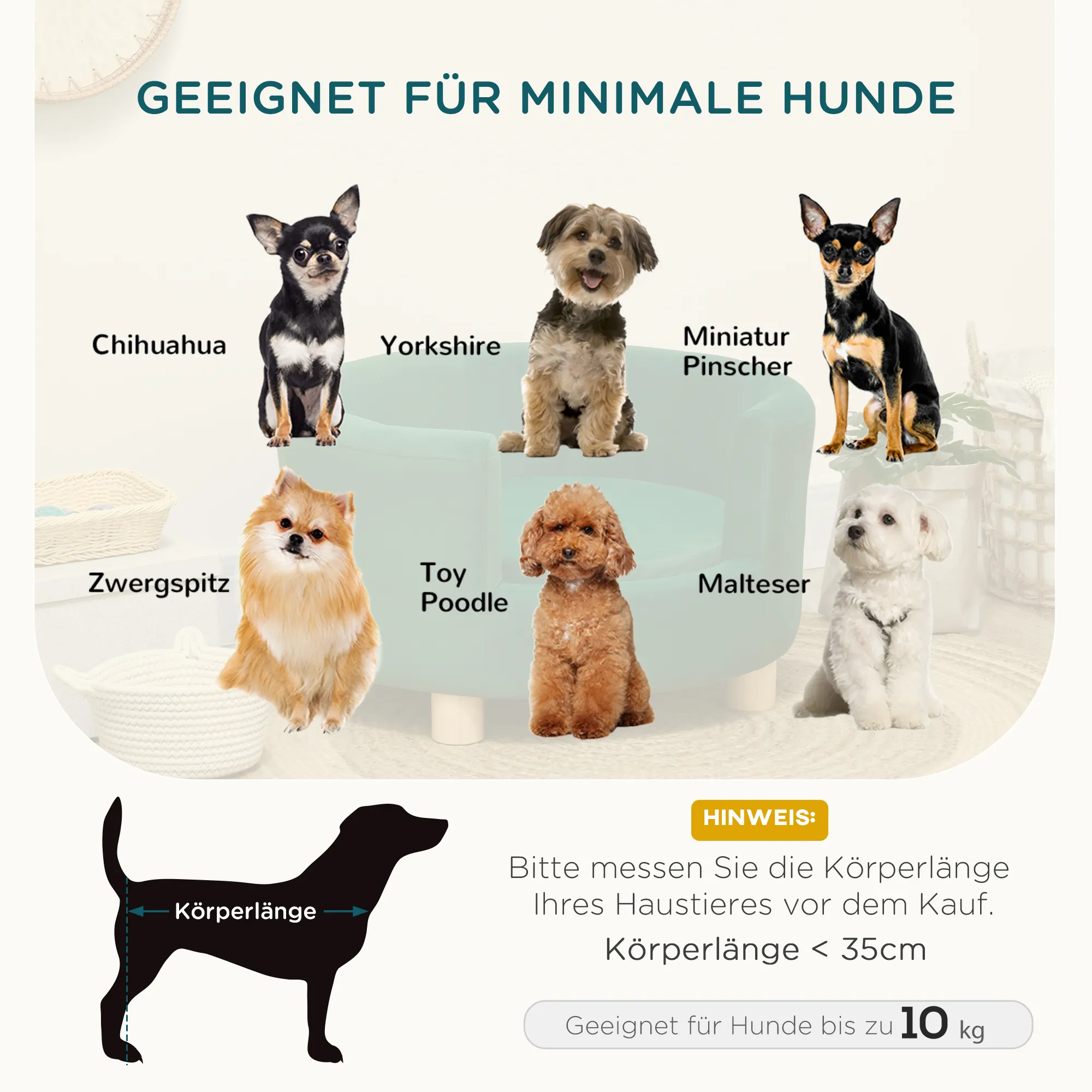 Hundesofa für kleine Hunde bis 4,5 kg mit Holzbeinen, Grün