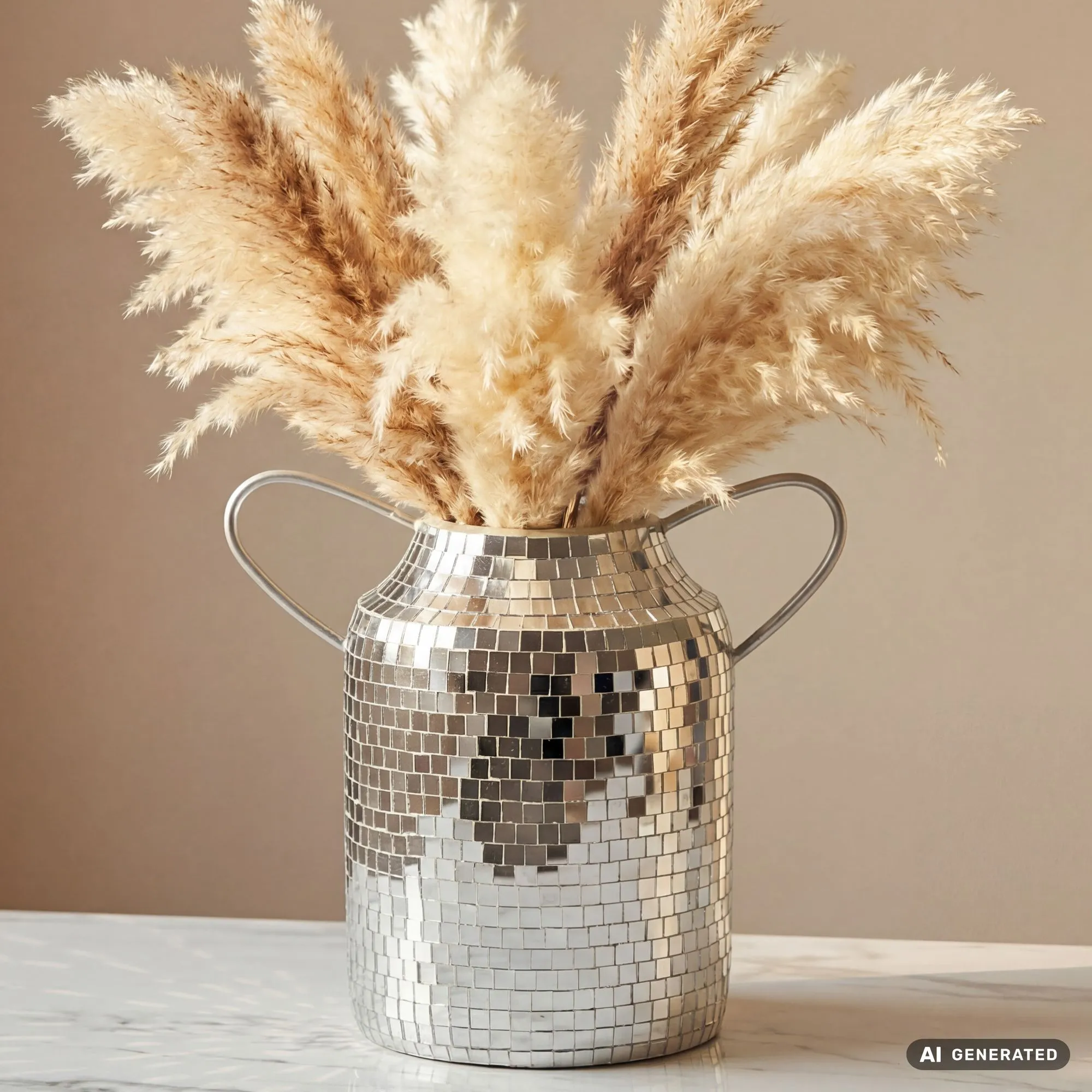 Tischvase Aluminium 32cm Silber - Blumenvase mit Henkel - Metallvase im Discokugel Design Modern - Dekovase rund für Trockenblumen - Alu Standvase Vase Hoch - Wohndeko Handmade
