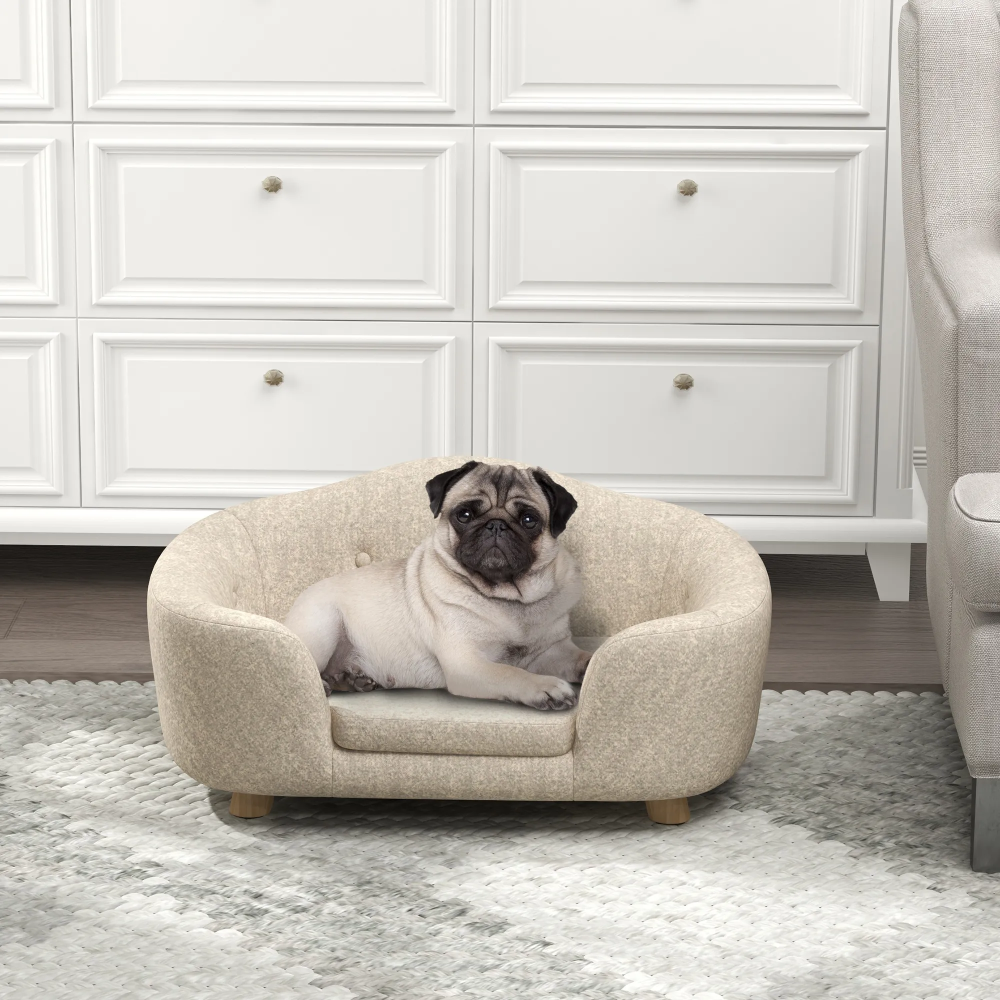Hundesofa aus Kiefernholz mit Plüsch, 70 x 47 x 30 cm, Cremeweiß