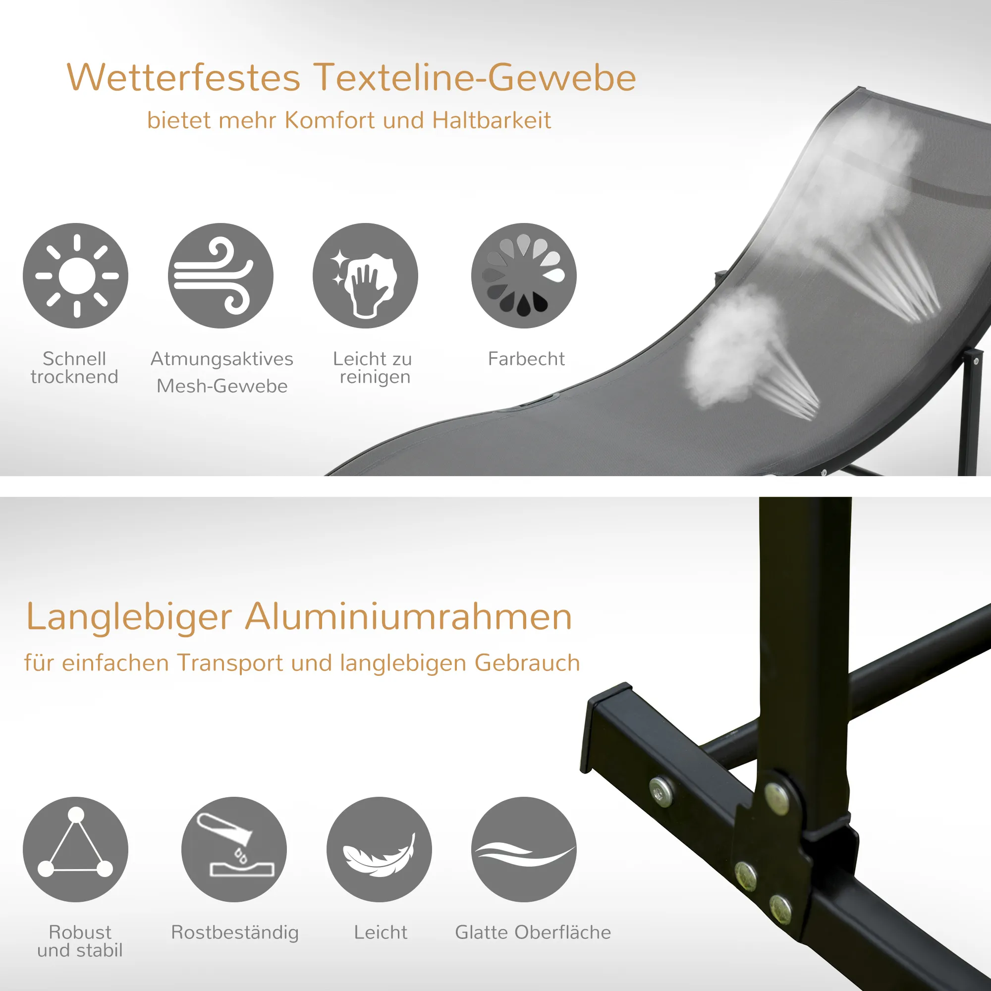2 Ergonomische Liegestühle Dunkelgrau 165L x 61B x 63H cm