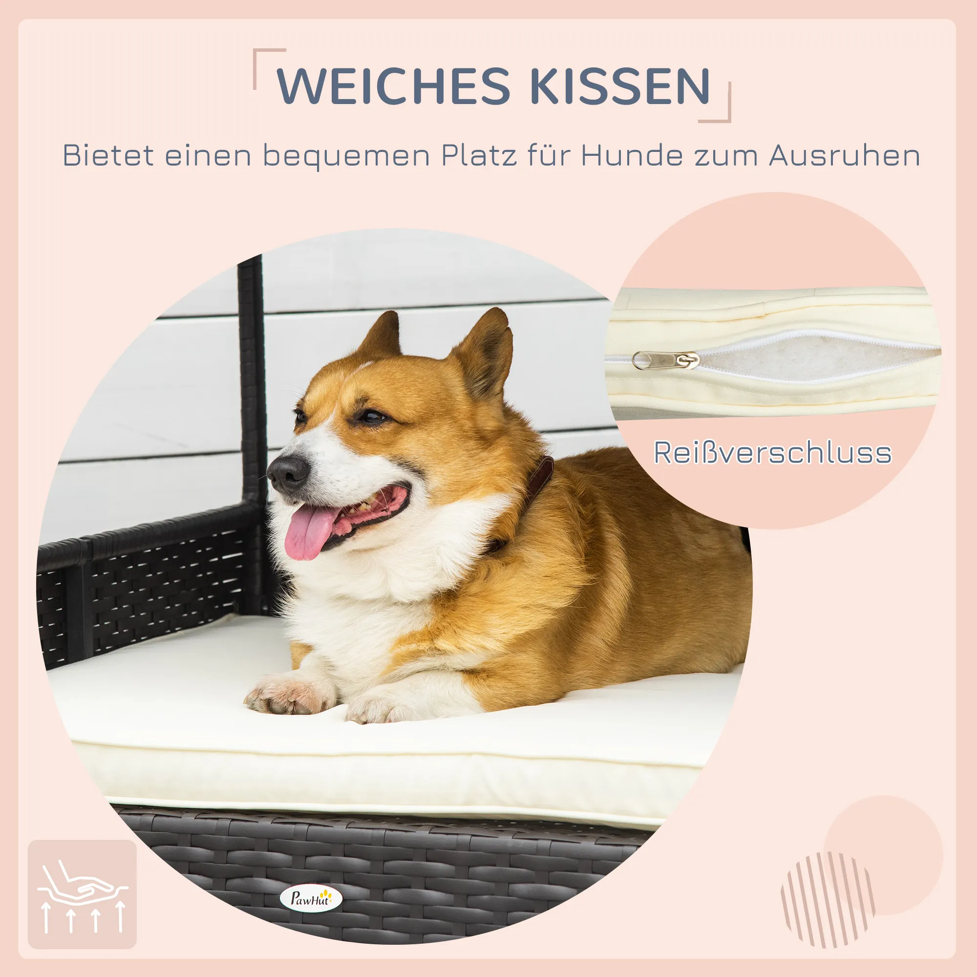 Hundeliege Outdoor mit Dach aus PE Rattan, 69 x 98 x 70 cm, Braun