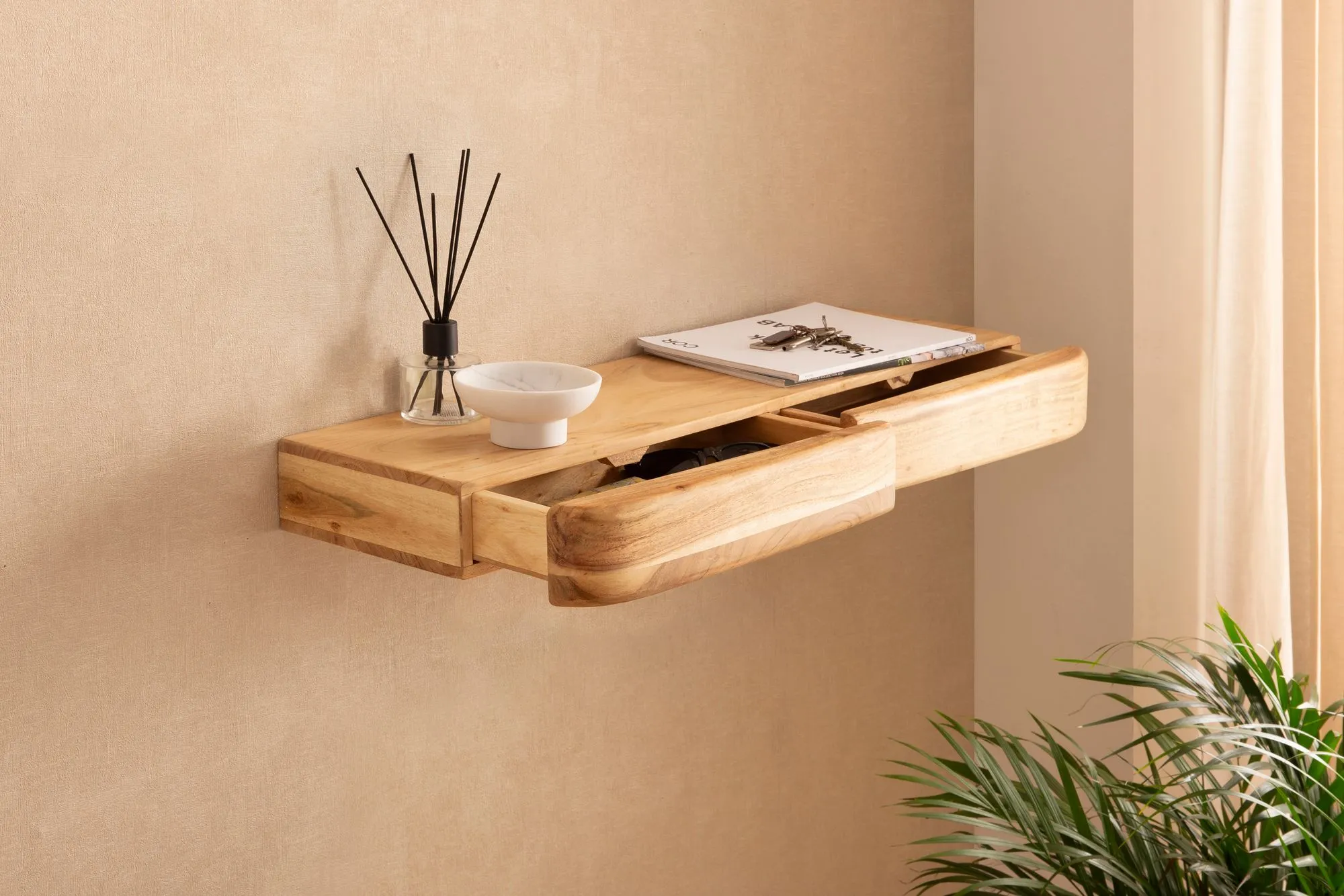 Wandregal Akazie Massivholz 80cm mit zwei Schubladen - Design Regal für die Wand - Holz Wandboard mit Stauraum - Schwebendes Hängeregal aus Echtholz