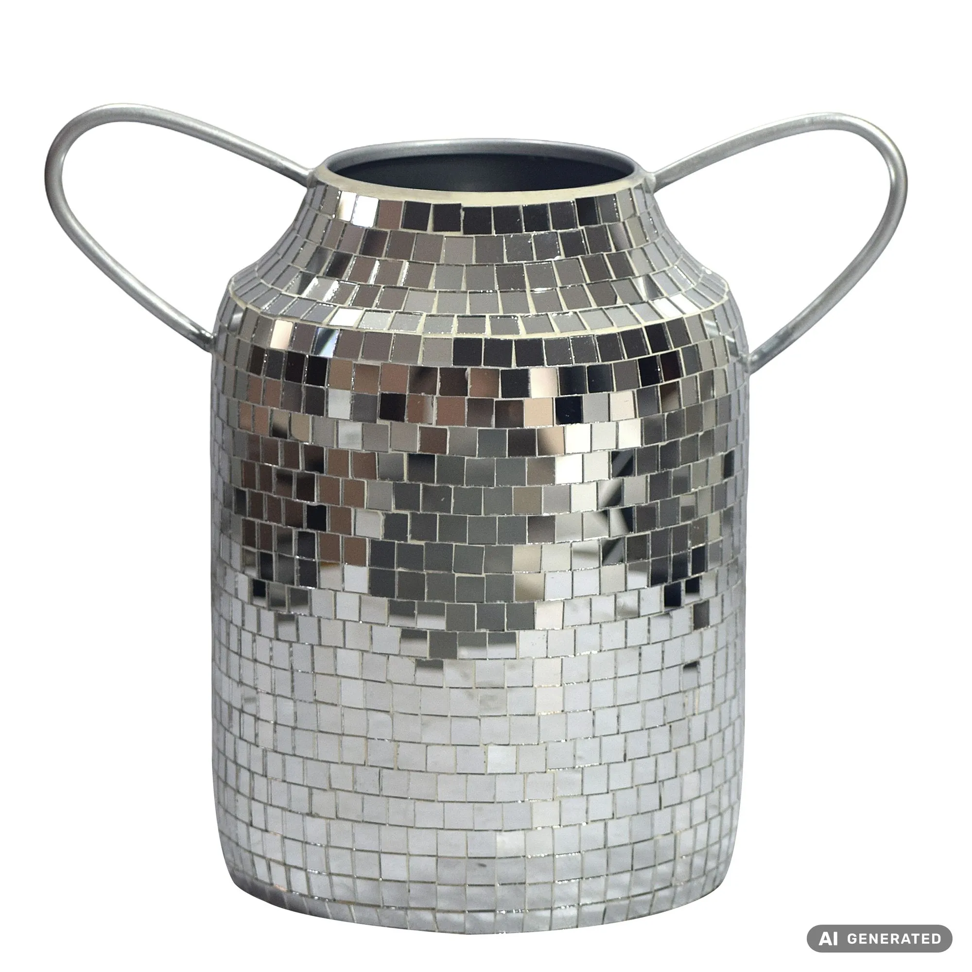 Tischvase Aluminium 32cm Silber - Blumenvase mit Henkel - Metallvase im Discokugel Design Modern - Dekovase rund für Trockenblumen - Alu Standvase Vase Hoch - Wohndeko Handmade