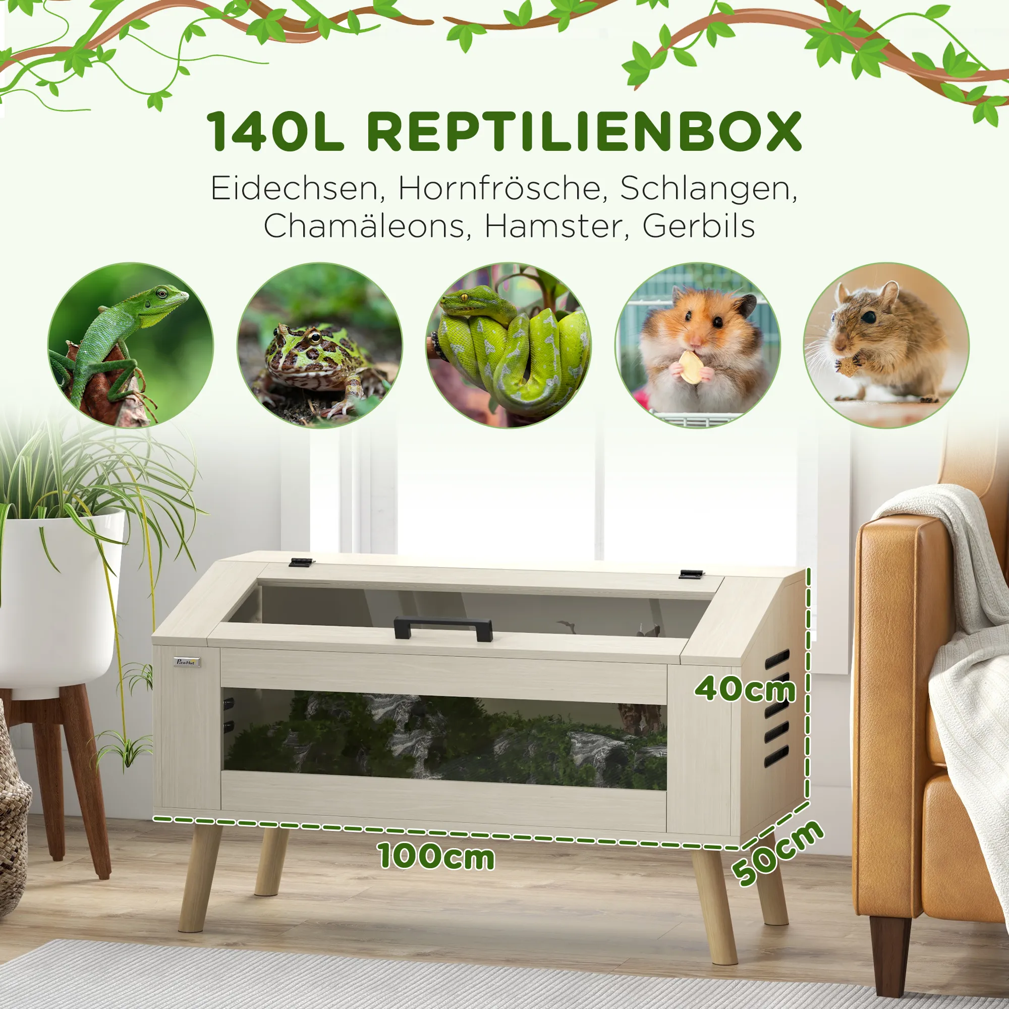 Reptilienbox, Eidechsenkasten, 140 Liter, Heizkissen-kompatibel, Glasfenster