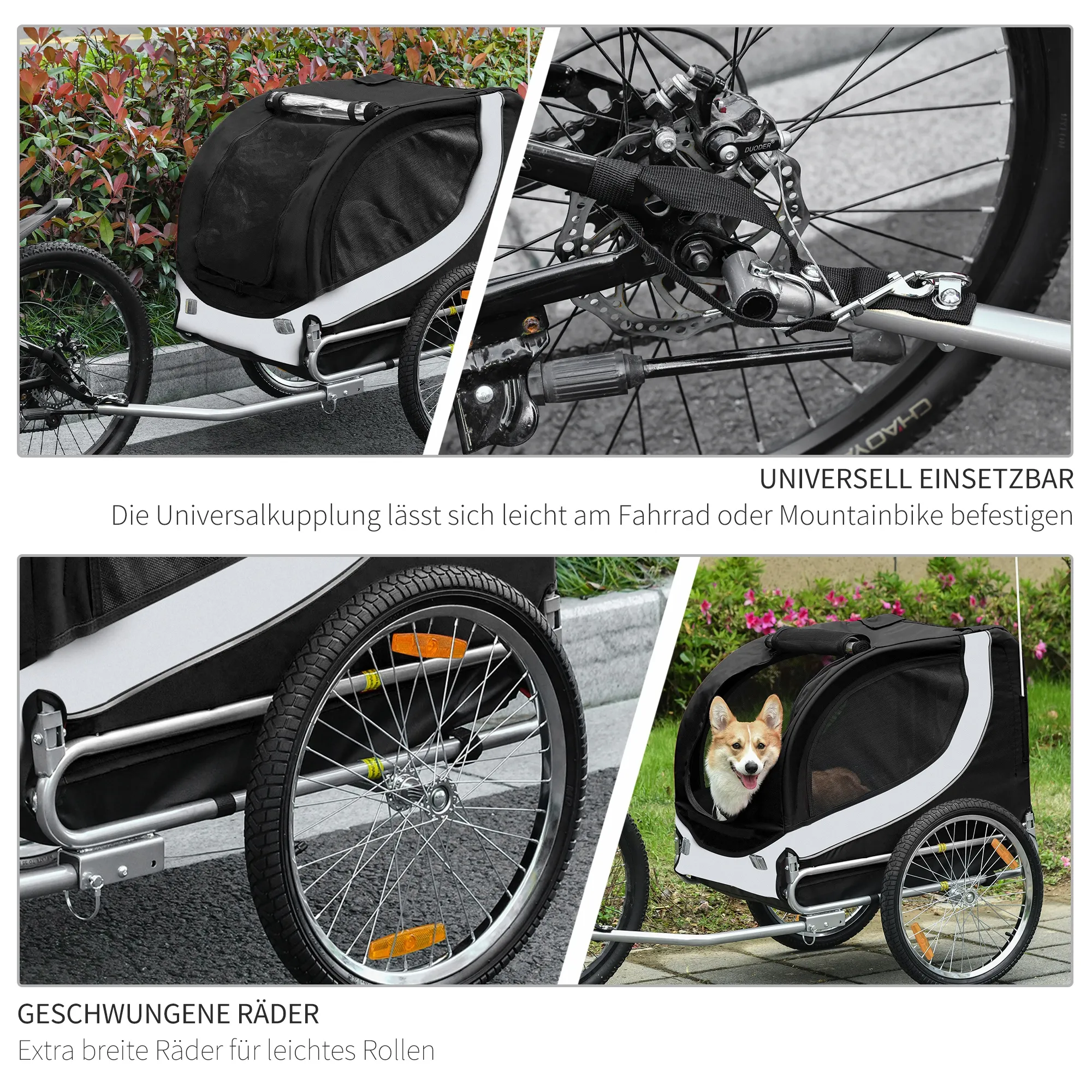 Hundeanhänger für Fahrrad bis 20kg mit Universalkupplung Weiß-Schwarz