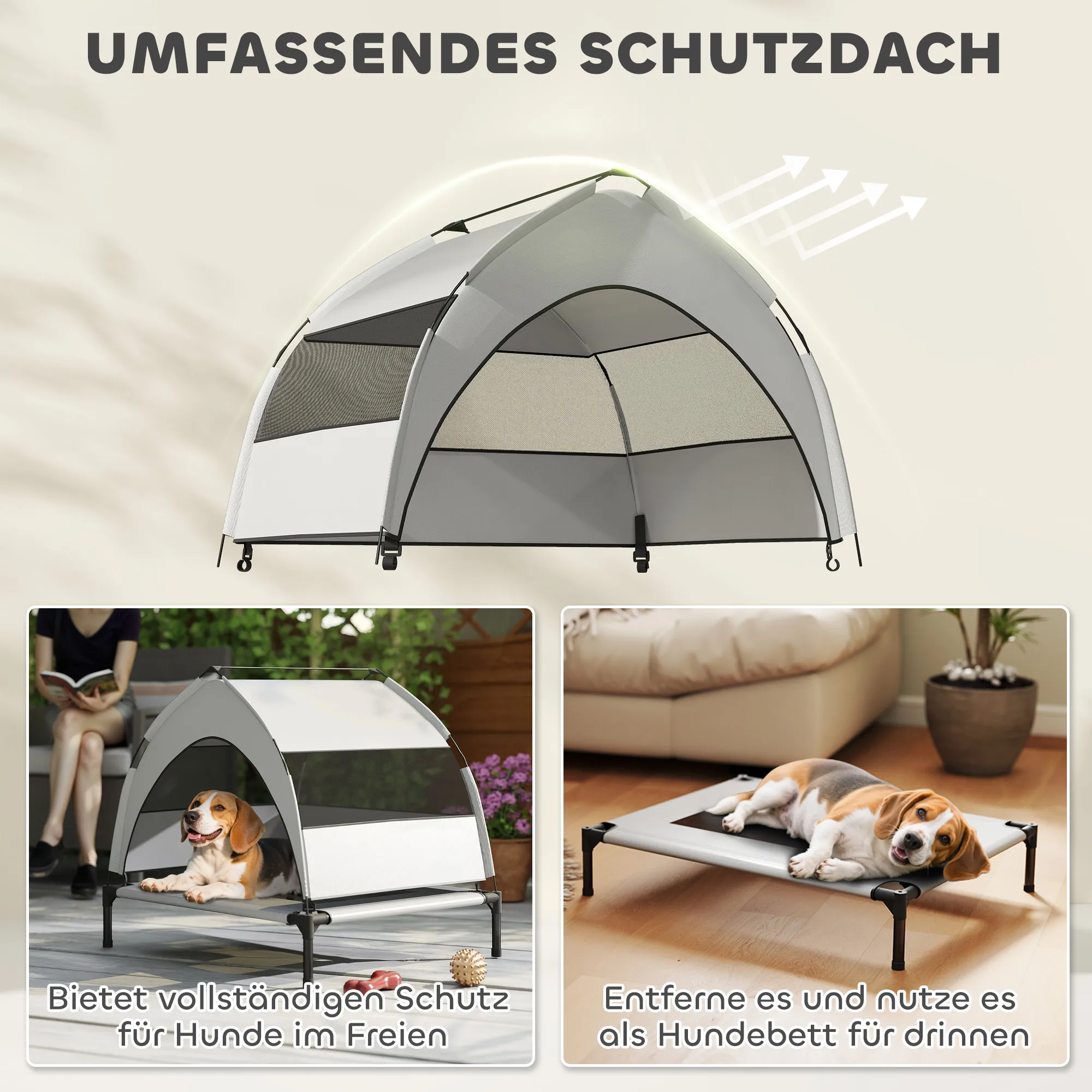 Hundebett Outdoor erhöht mit Dach, Stahlrahmen, 76x61x70cm, Hellgrau