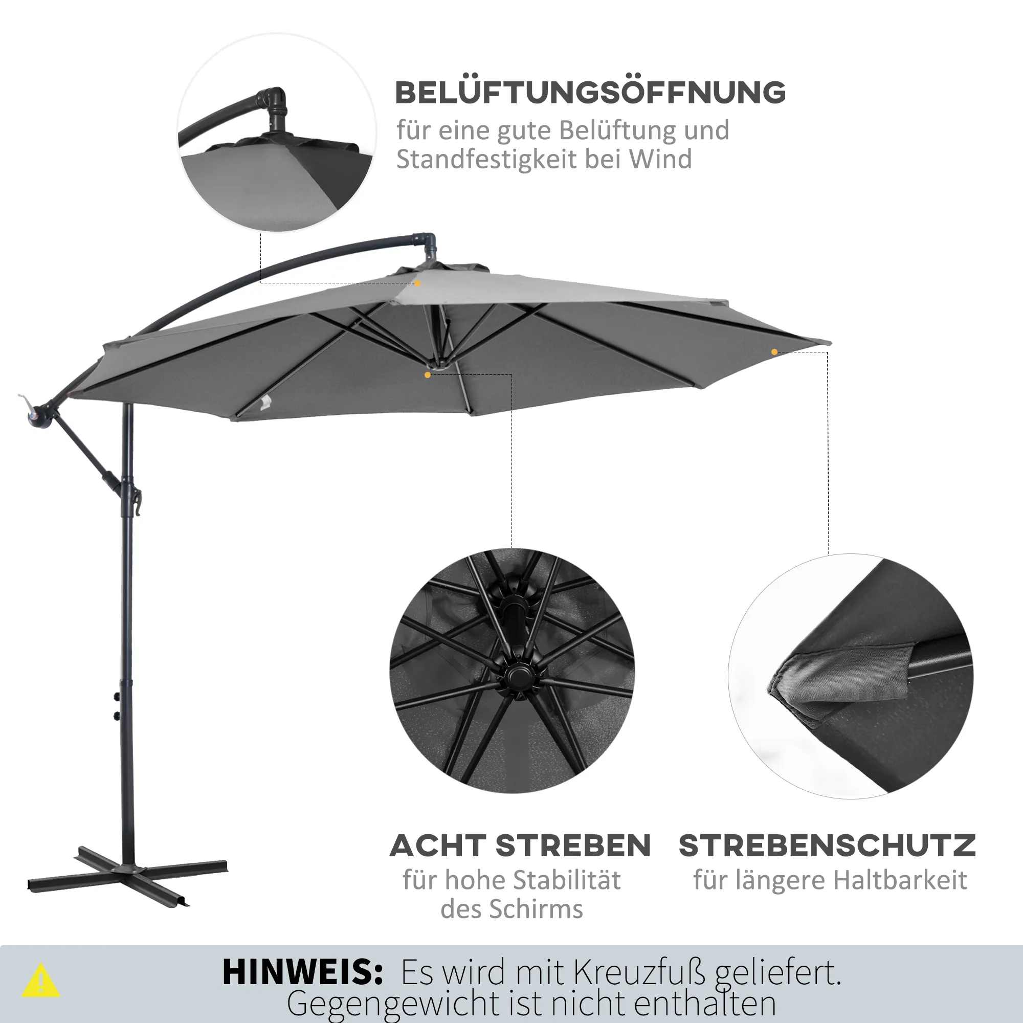 Ampelschirm Ø2,95m x 2,45m Grau für Garten und Terrasse