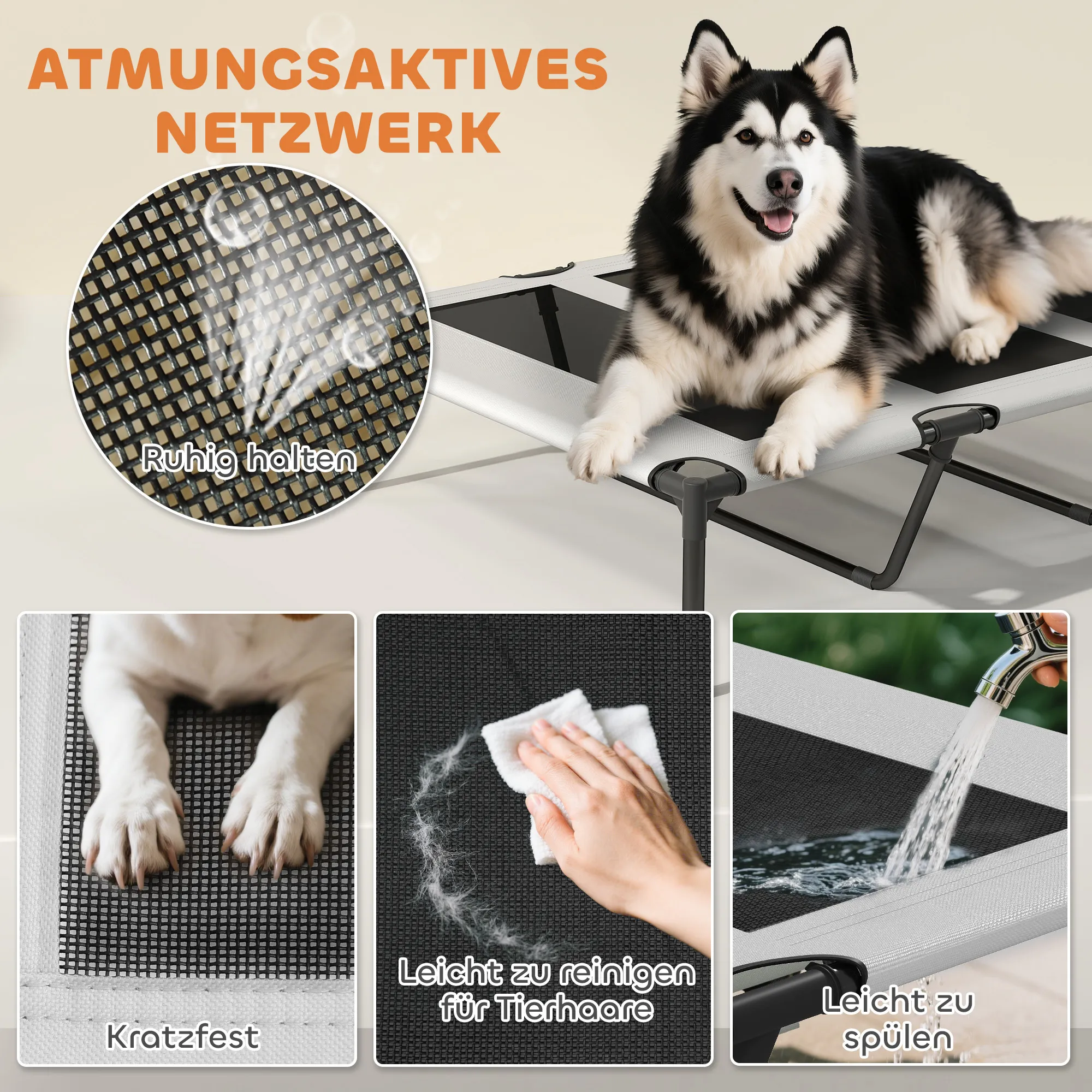 Hundebett Outdoor mit Dach, erhöht, Stahlrahmen, 122x92x94cm, Grau