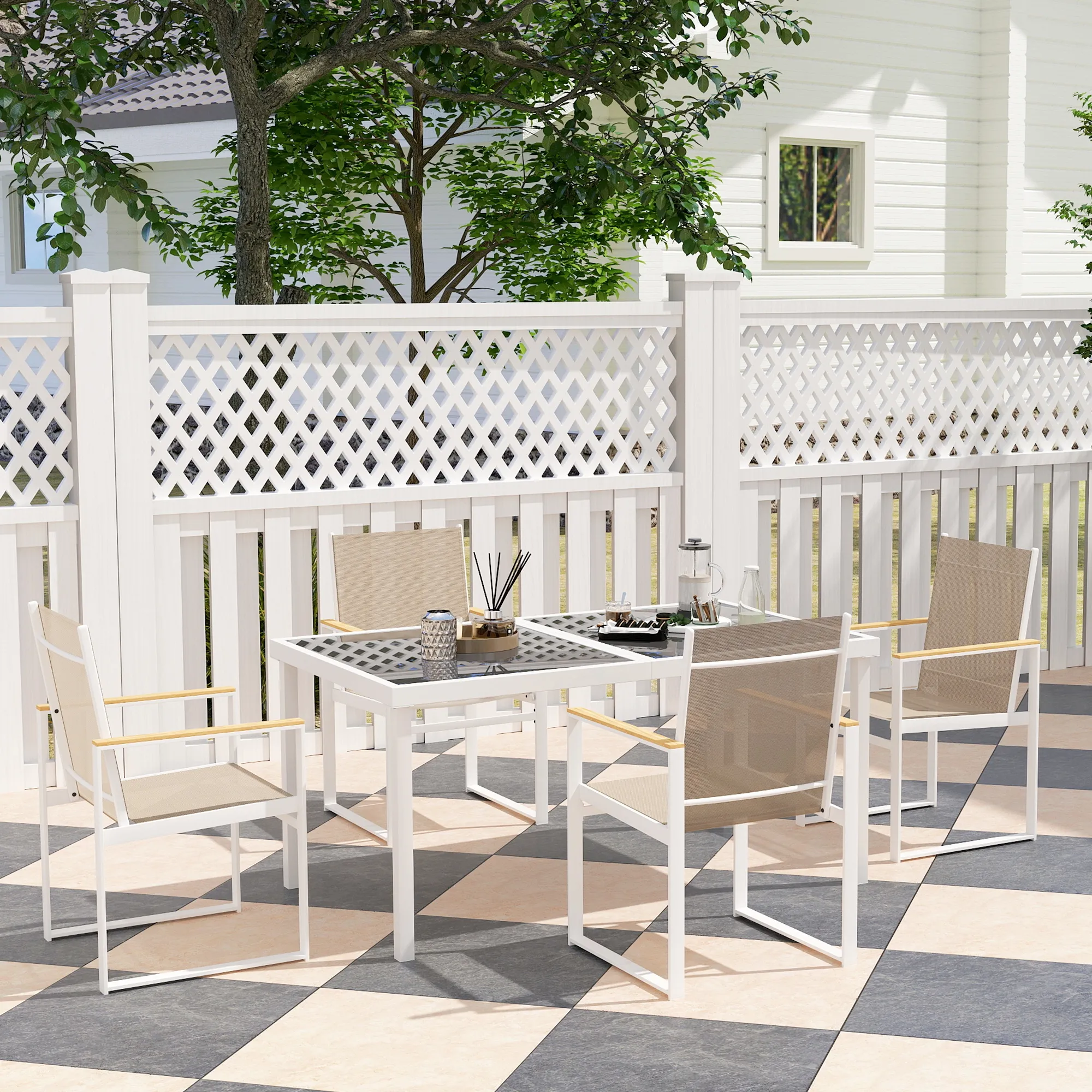 5-teiliges Ess-Set, Outdoor-Tisch aus Hartglas, 4 Stühle, wetterbeständig, Stahlrahmen, Terrassenmöbel, Mehrfarbig