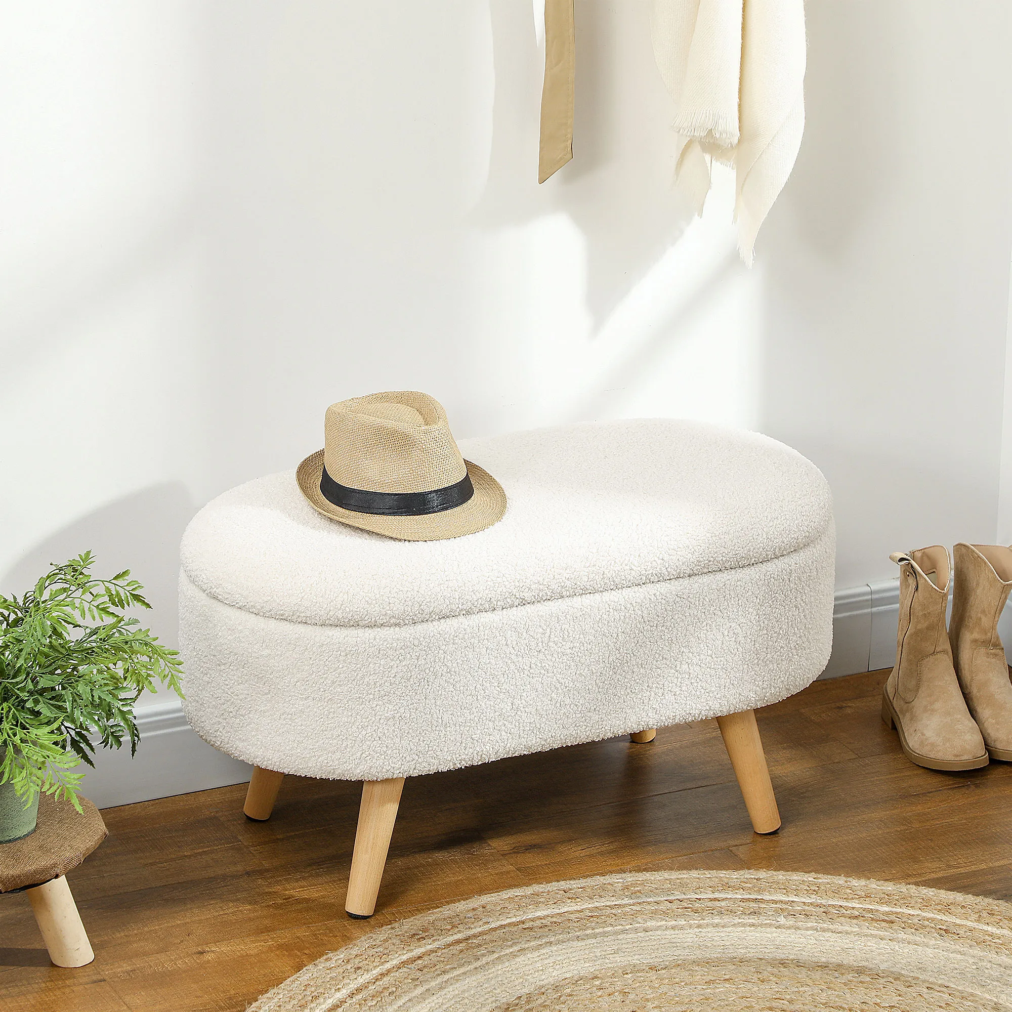 Sitzbank mit Stauraum und Deckel, Fußhocker für Flur, Wohnzimmer, Schlafzimmer, Holz, Stoffbezug, Weiß