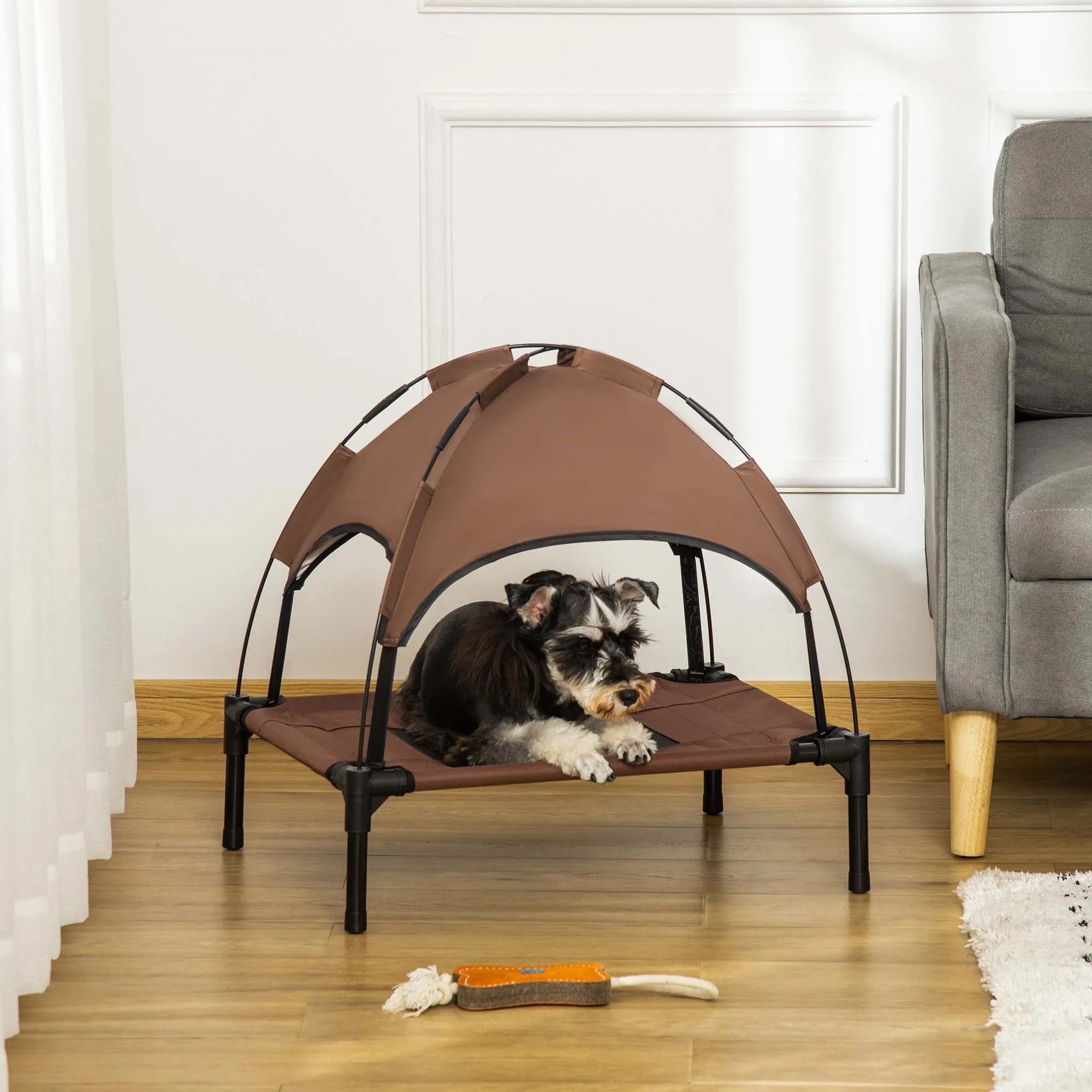 Hundebett mit Baldachin, erhöhte Hundeliege, Mesh, Kaffee-Schwarz