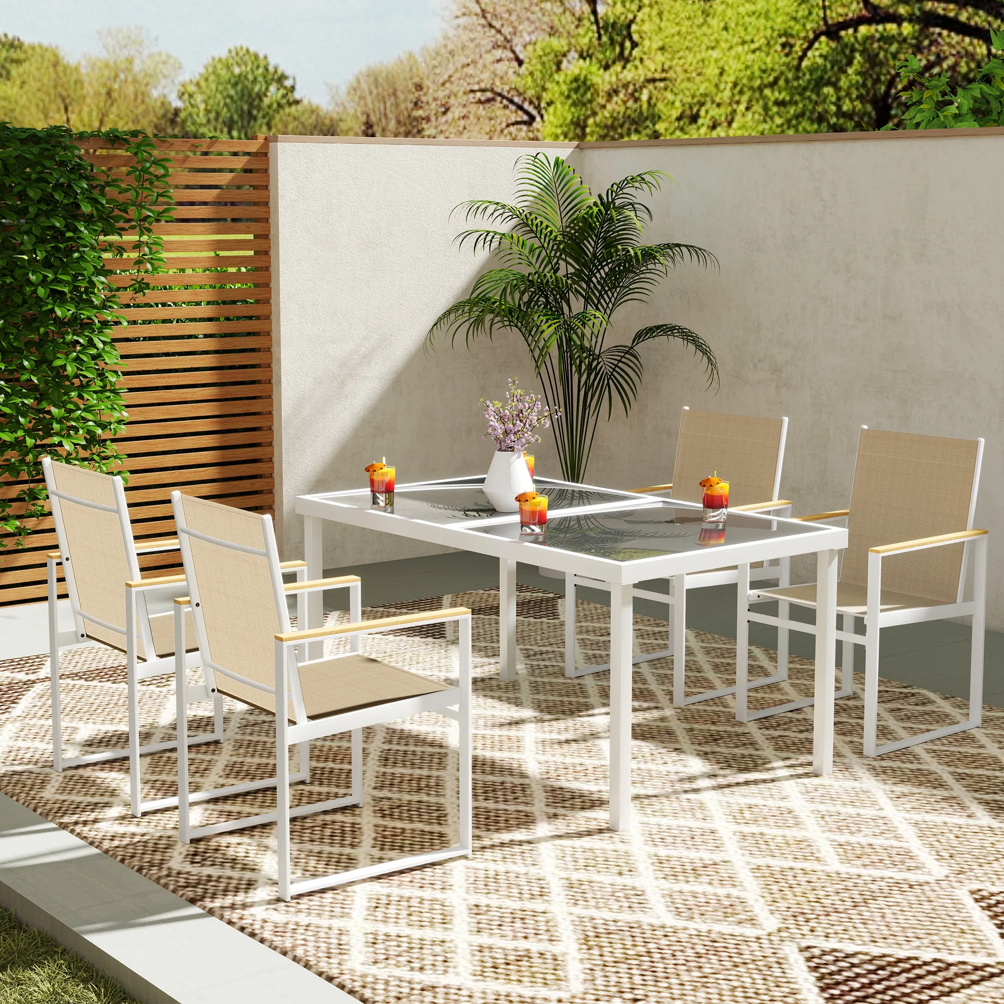 5-teiliges Ess-Set, Outdoor-Tisch aus Hartglas, 4 Stühle, wetterbeständig, Stahlrahmen, Terrassenmöbel, Mehrfarbig