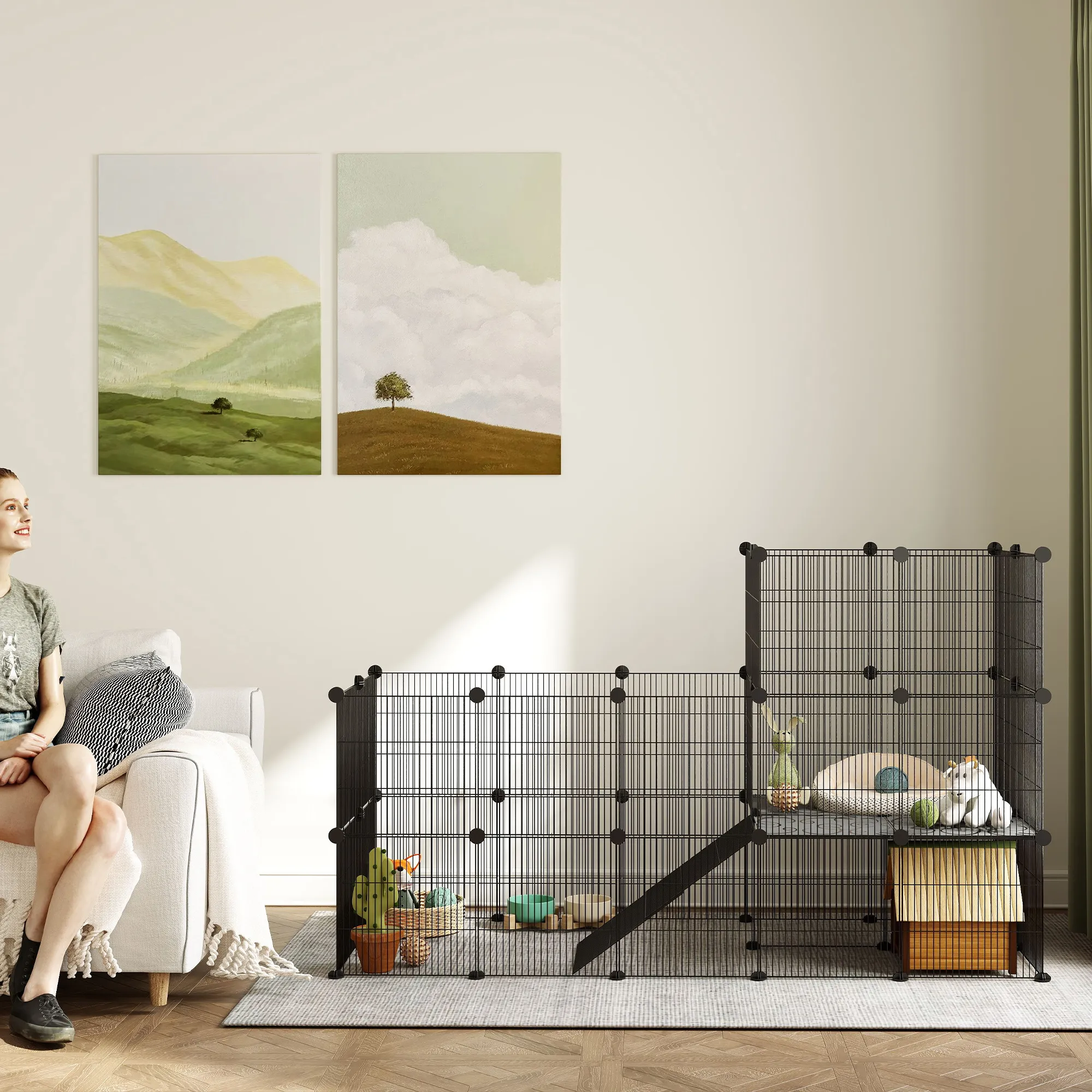 Gehege für Zwergkaninchen, 39-Paneel-Stall für kleine Haustiere, mit Rampe, für Kleintiere, Indoor, Schwarz