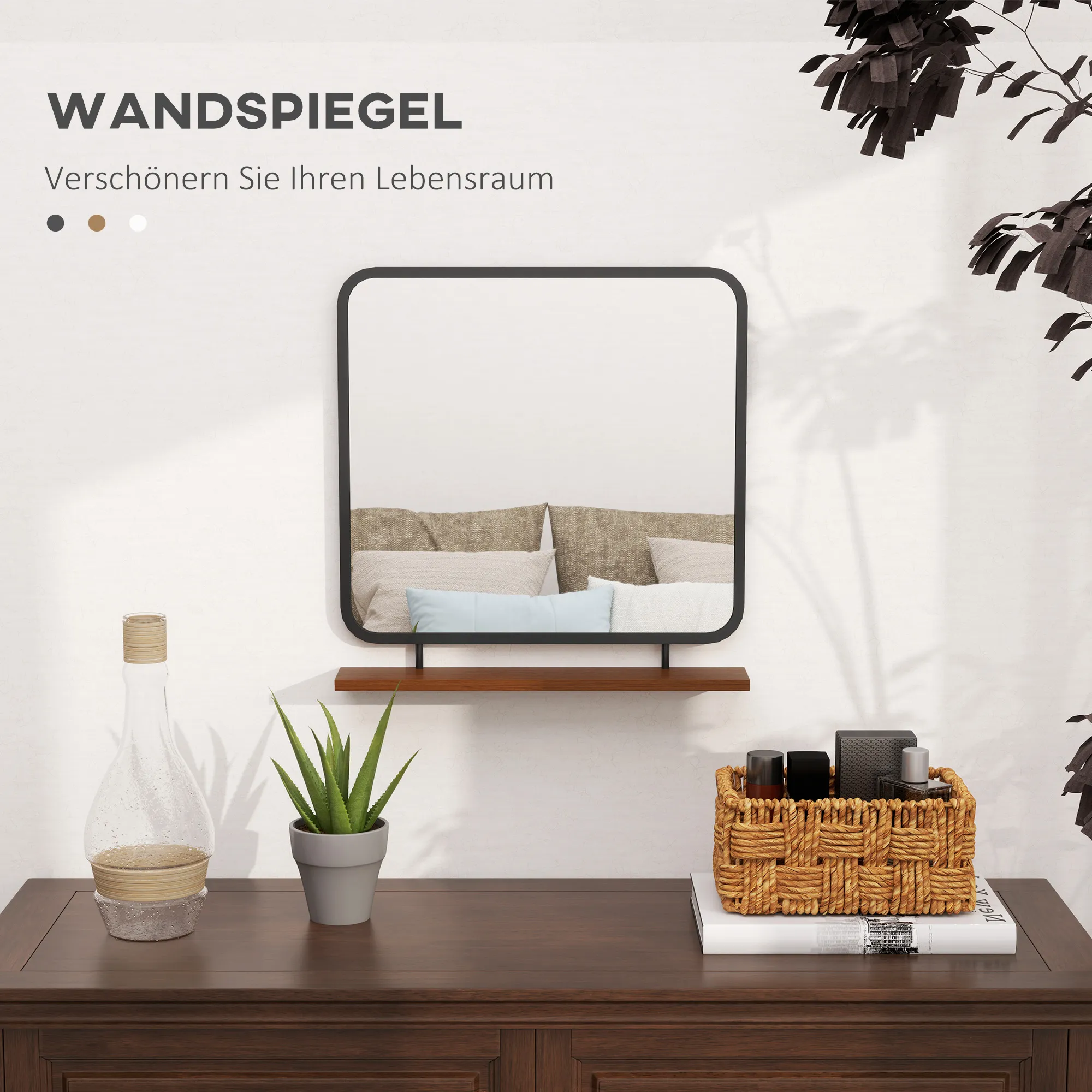 Wandspiegel 55 x 10 x 55,5 cm in Schwarz mit Ablage