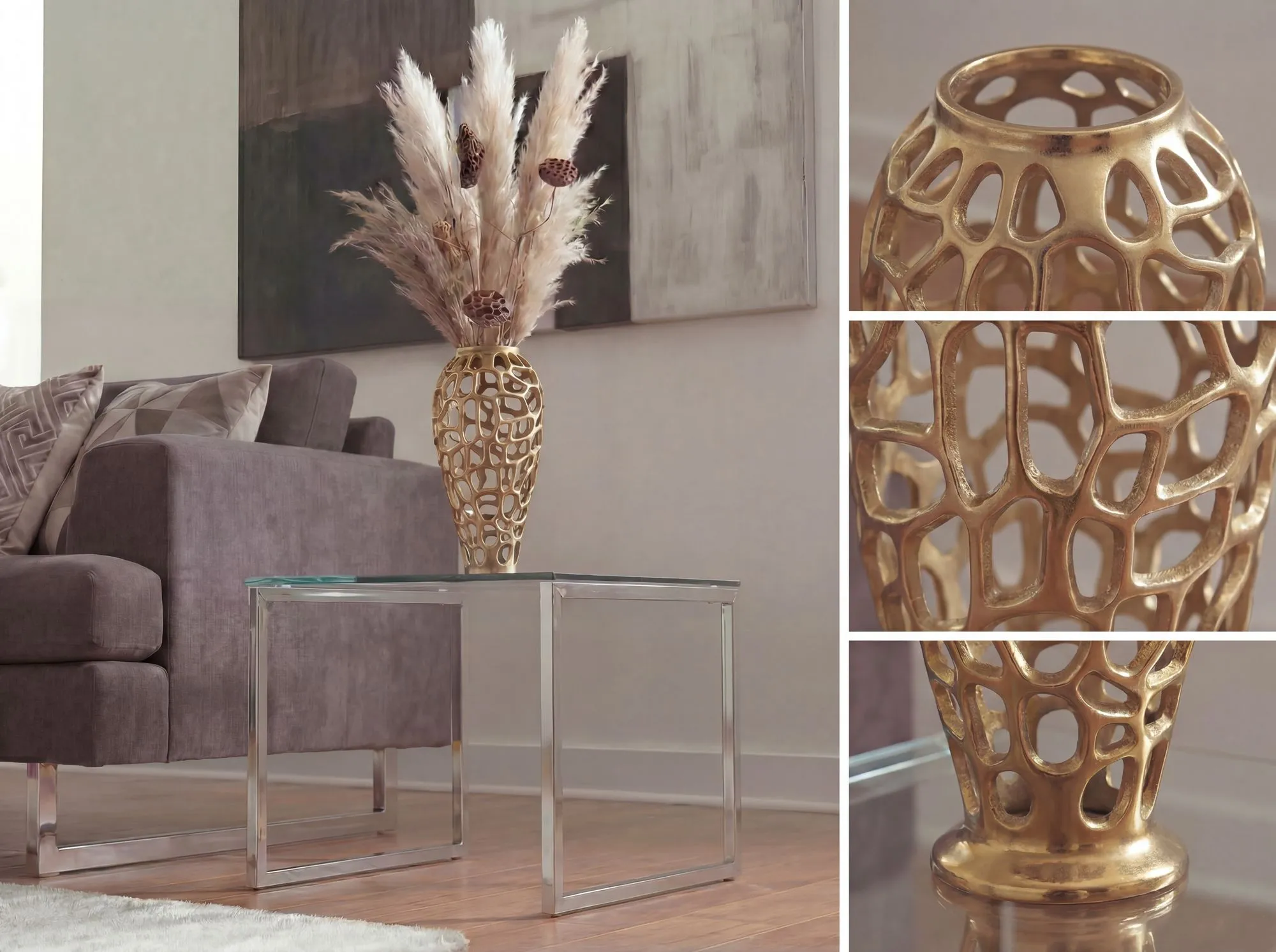 Dekovase Aluminium 45cm Gold - Design Blumenvase Groß - Metallvase Modern - Bodenvase rund für Trockenblumen - Standvase Hoch - Wohnzimmer Deko - Wohndeko Handmade