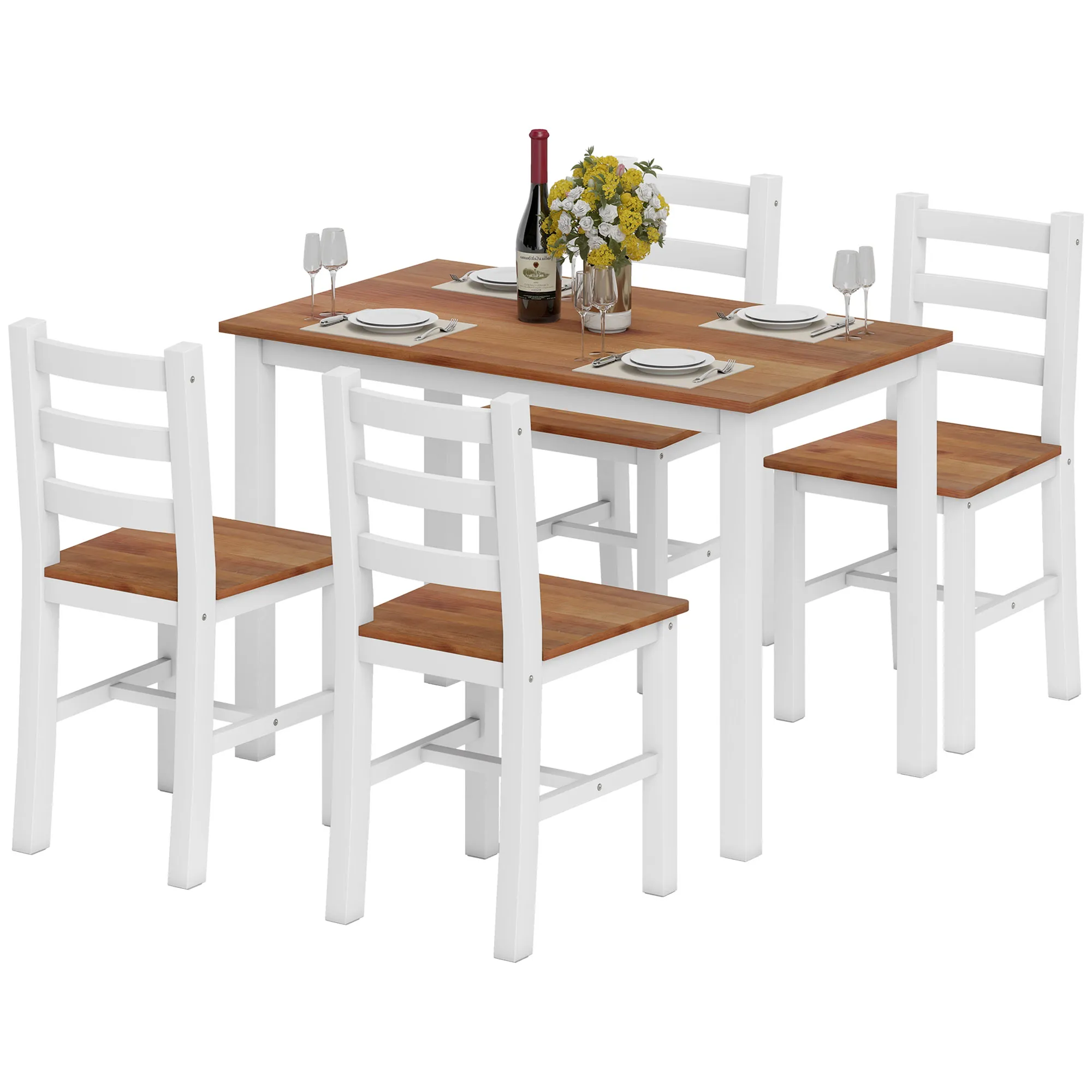 Essgruppenset, Esstisch, 4 Stühle, Esszimmerset, Kiefernholz, Braun+Weiß