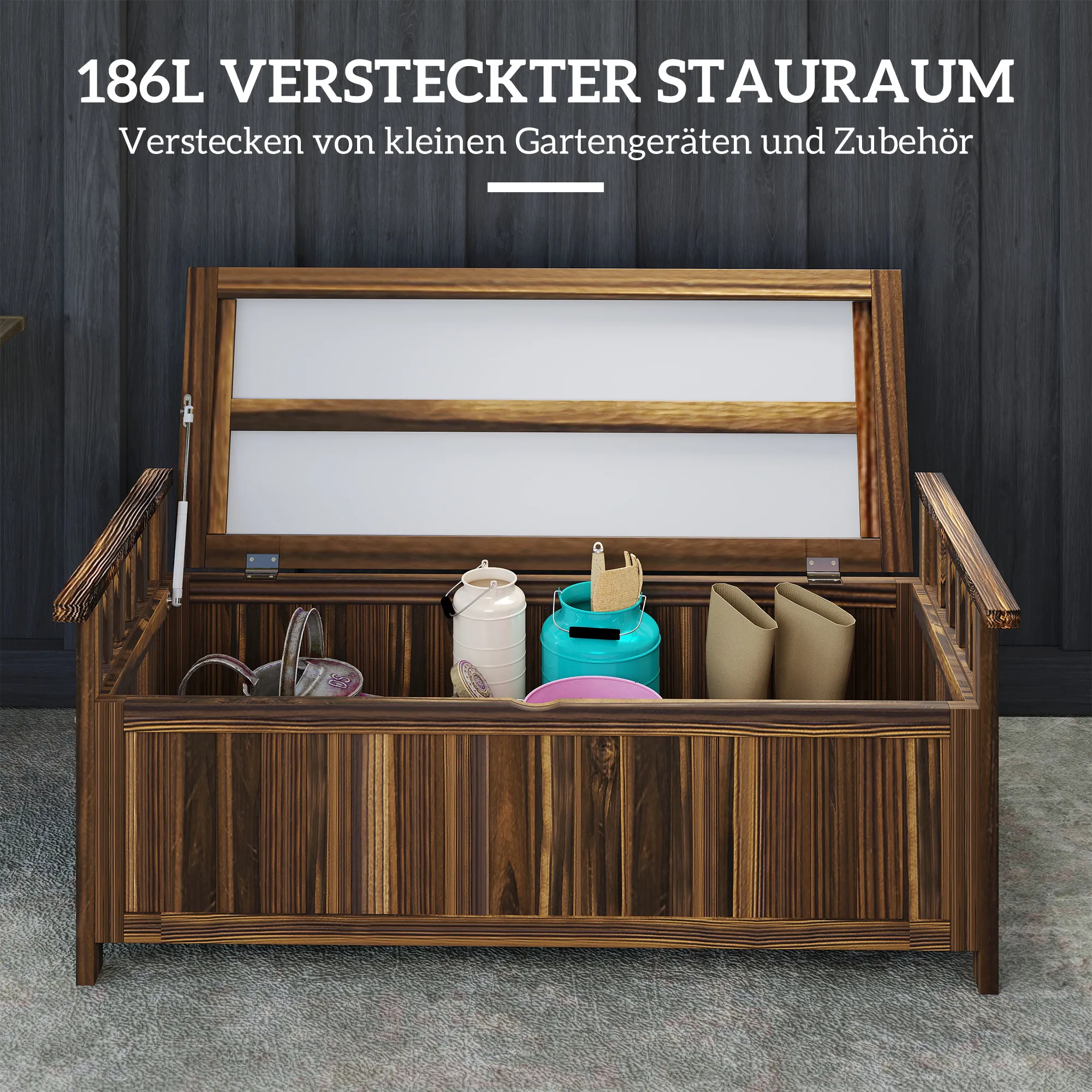 2-Sitzer Gartenbank Holz, wetterfest Sitzbank, Gartenmöbel mit Stauraum Armlehnen 128,5 x 52 x 53,5cm, Verkohlt