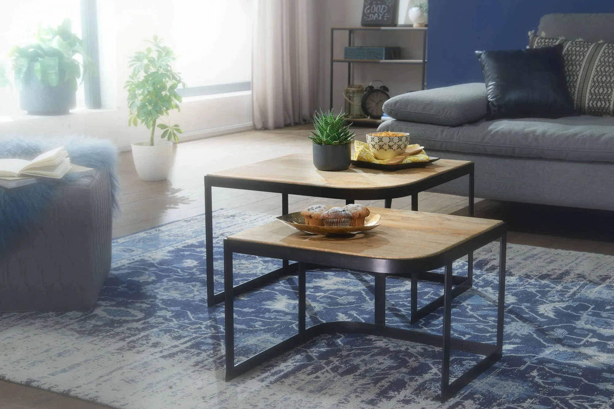 Couchtisch 2er Set Mango Massivholz / Metall Wohnzimmertisch Hell