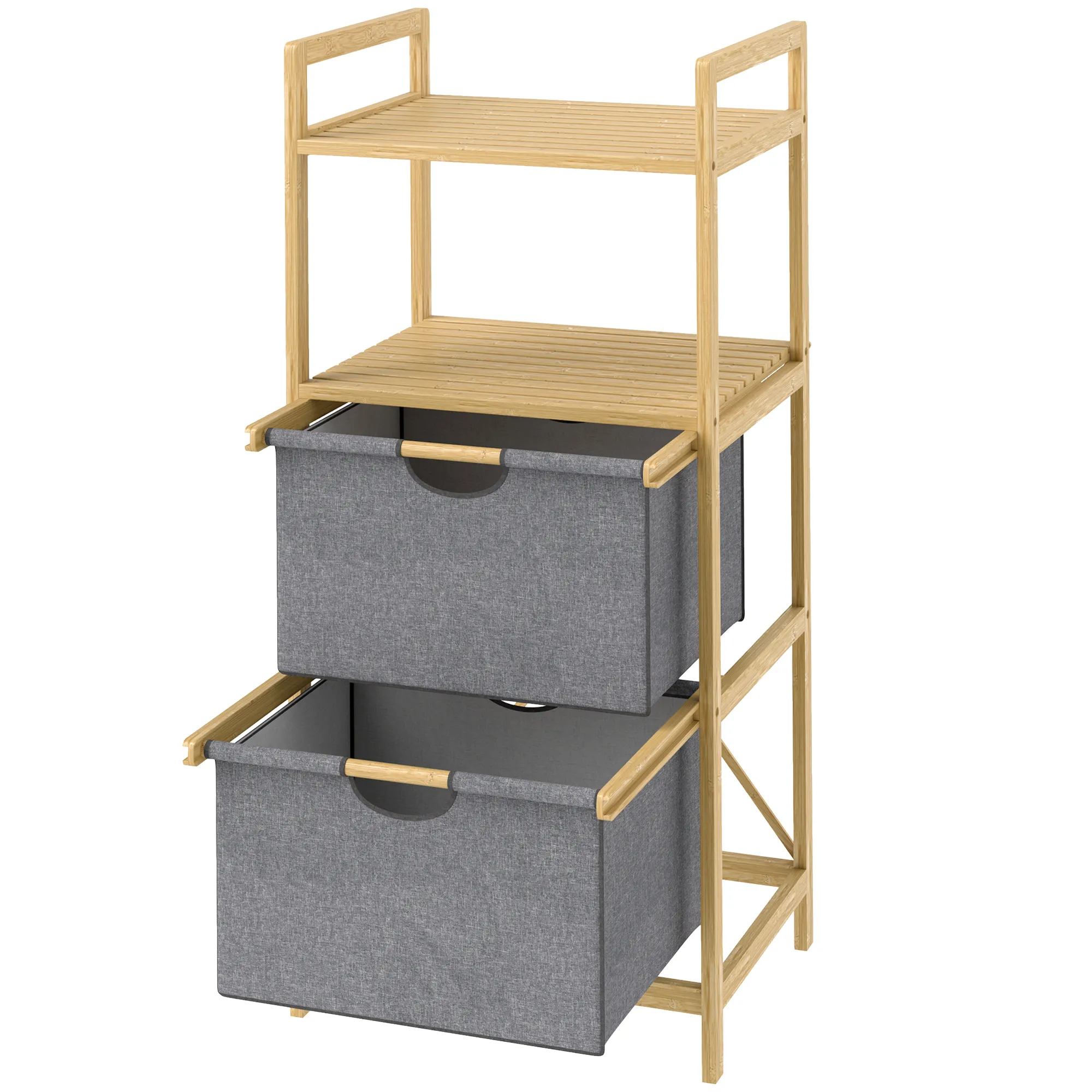 Bambus-Wäscheregal, mit 2 Wäschekörben aus Stoff, offene Ablagen, platzsparend, Naturholz