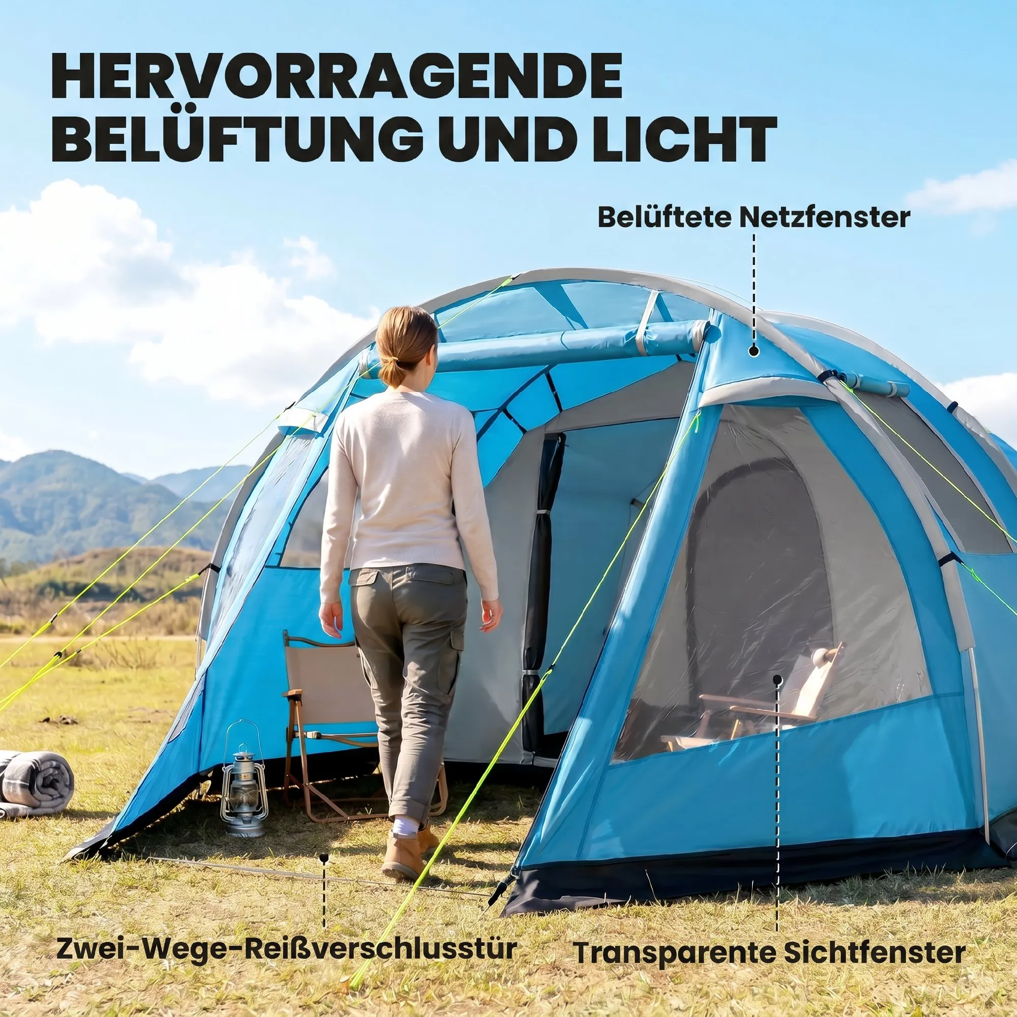 Familienzelt 3-4 Personen 475x264x172 cm Blau