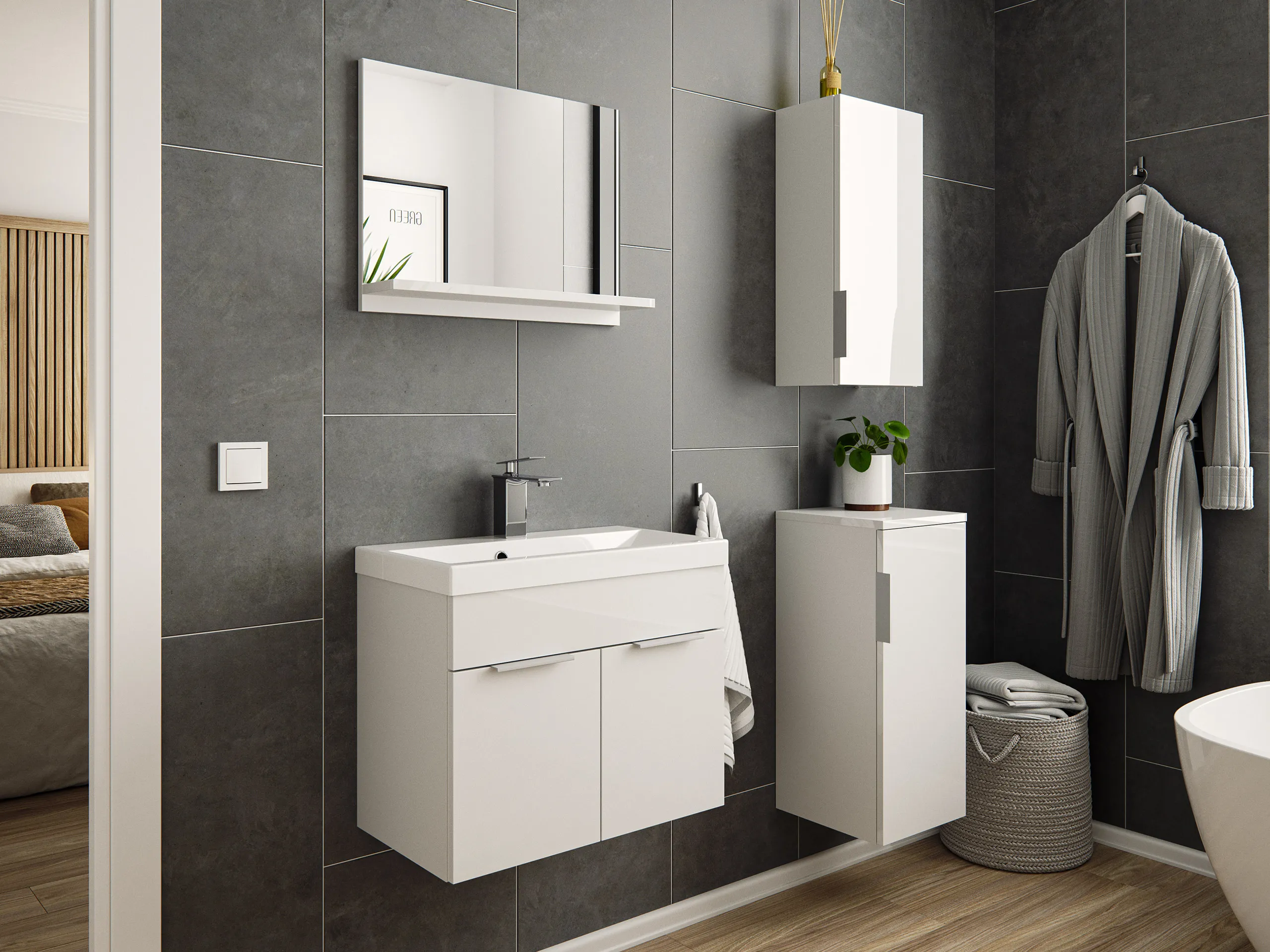 Badmöbel-Set Slimline Lago 4tlg Spiegel & Midischränke weiss hgl/weiss matt