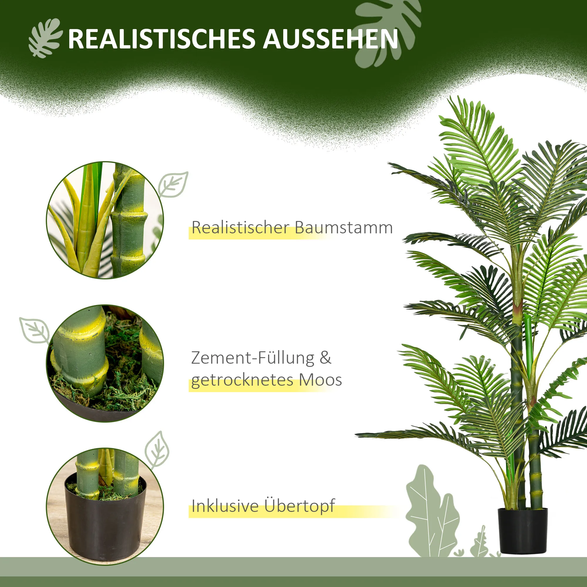 Kunstpflanze, künstliche Palme, inkl. Übertopf  19,5 cm x 19,5 cm x 150 cm, Grün + Schwarz