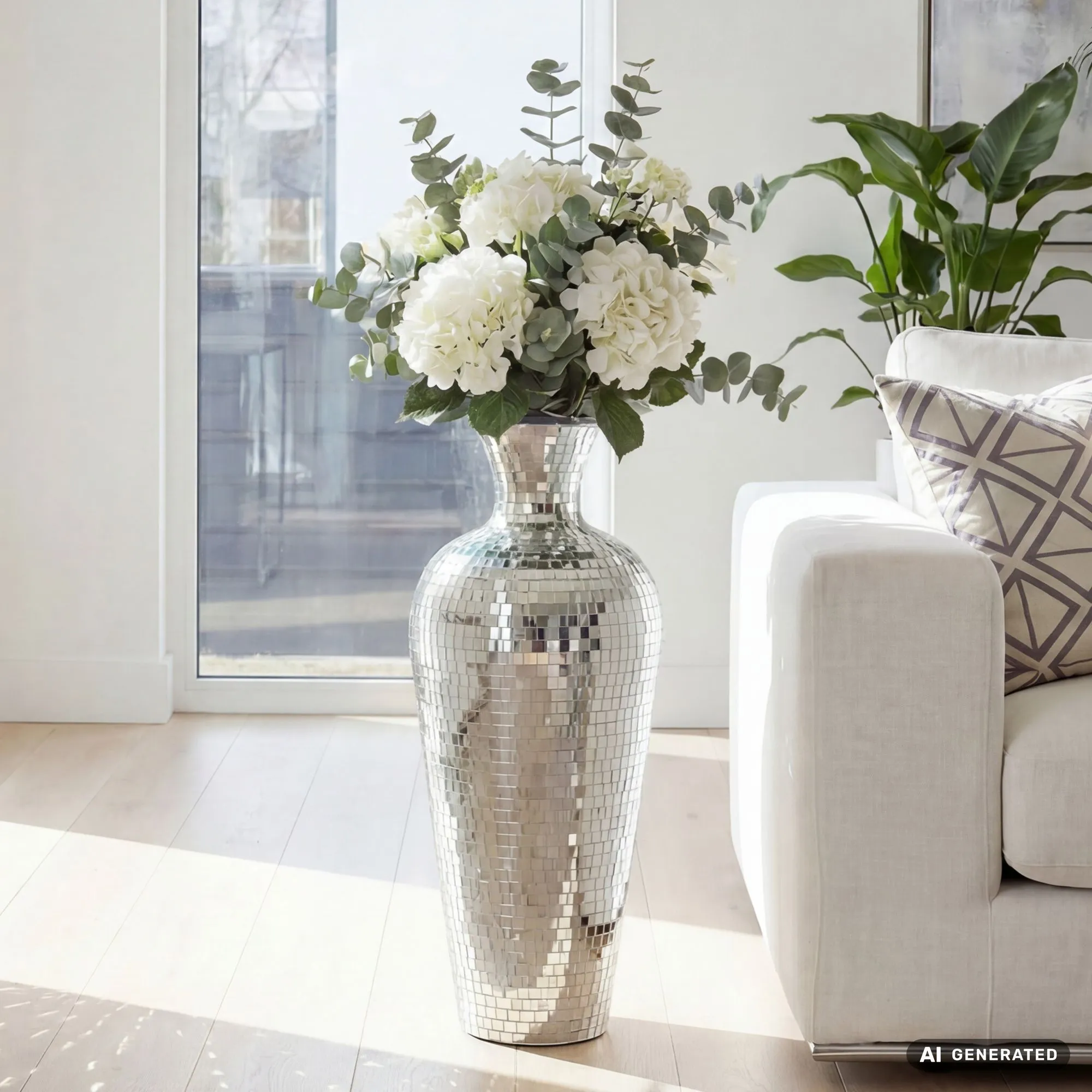 Bodenvase Aluminium 70cm Silber - Blumenvase Groß - Metallvase im Discokugel Design Modern - Dekovase rund für Trockenblumen - XL Standvase Hoch - Wohnzimmer Deko - Wohndeko Handmade