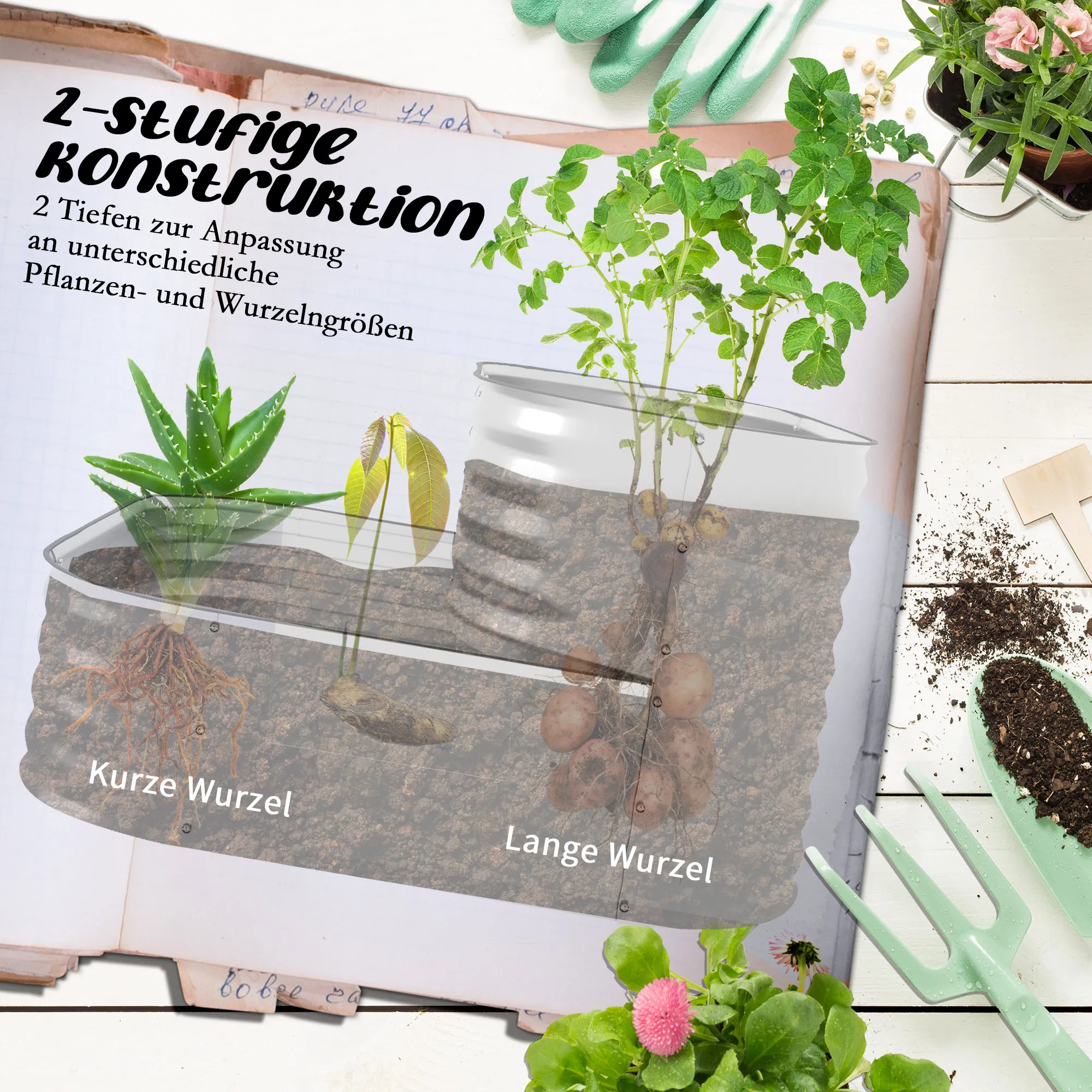 Zweistufiger Pflanzkasten 120L x 90B x 30H cm Silber