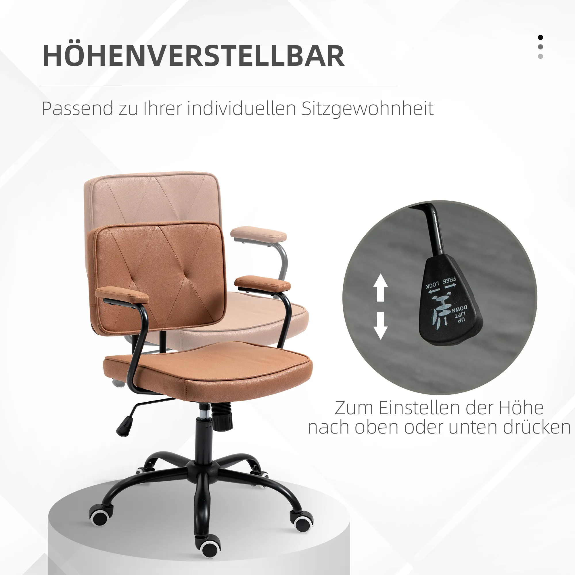 Bürostuhl mit Rollen Drehstuhl Schreibtischstuhl für Büro höhenverstellbar mit Wippfunktion 360°-Drehung neigbar Schaumstoff Braun 61 x 58 x 82-91 cm