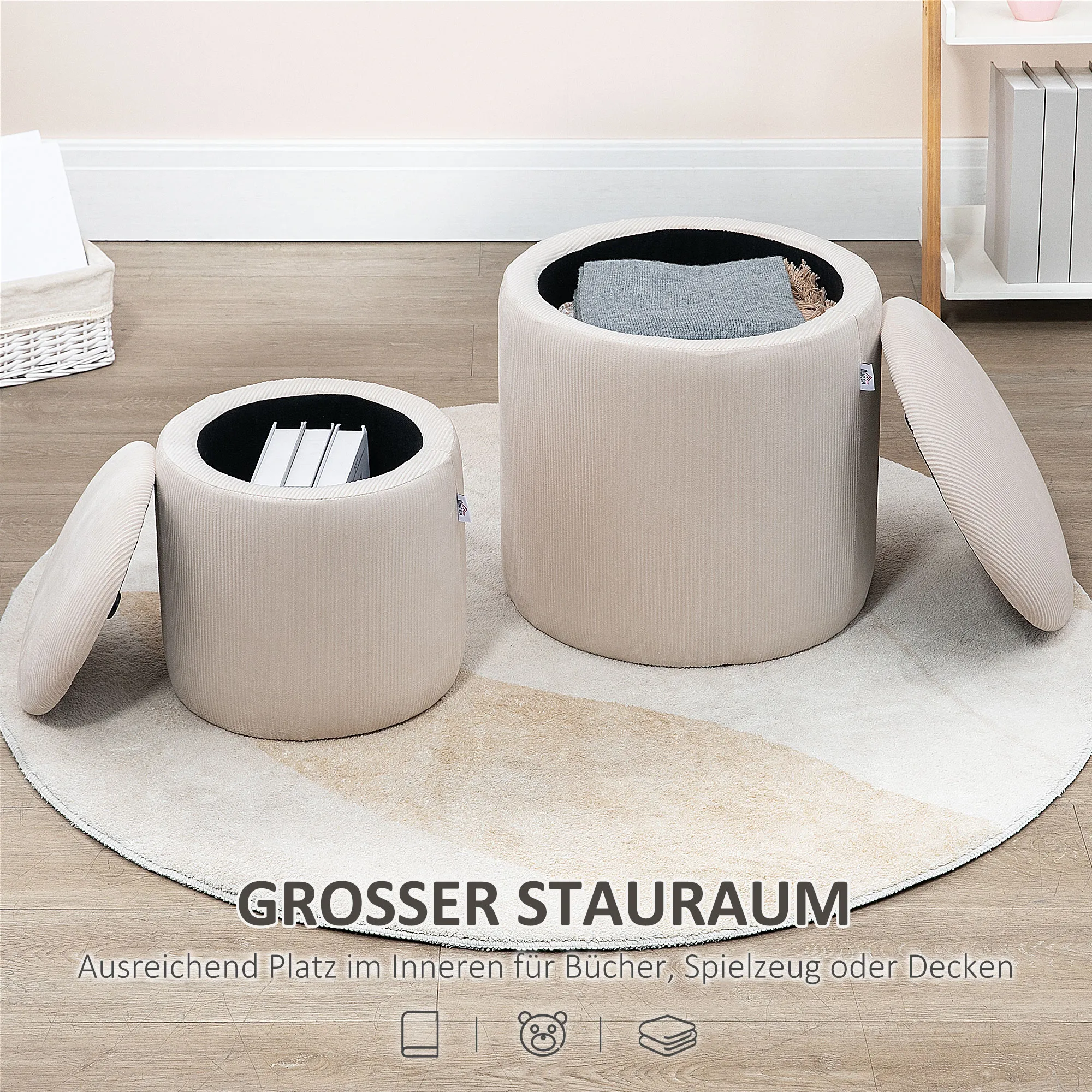 Hocker Ottomane, Zweier-Set, mit Stauraum, weiche Polsterung, Bezug in Cordoptik, Cremeweiß, 40 x 40 x 41cm