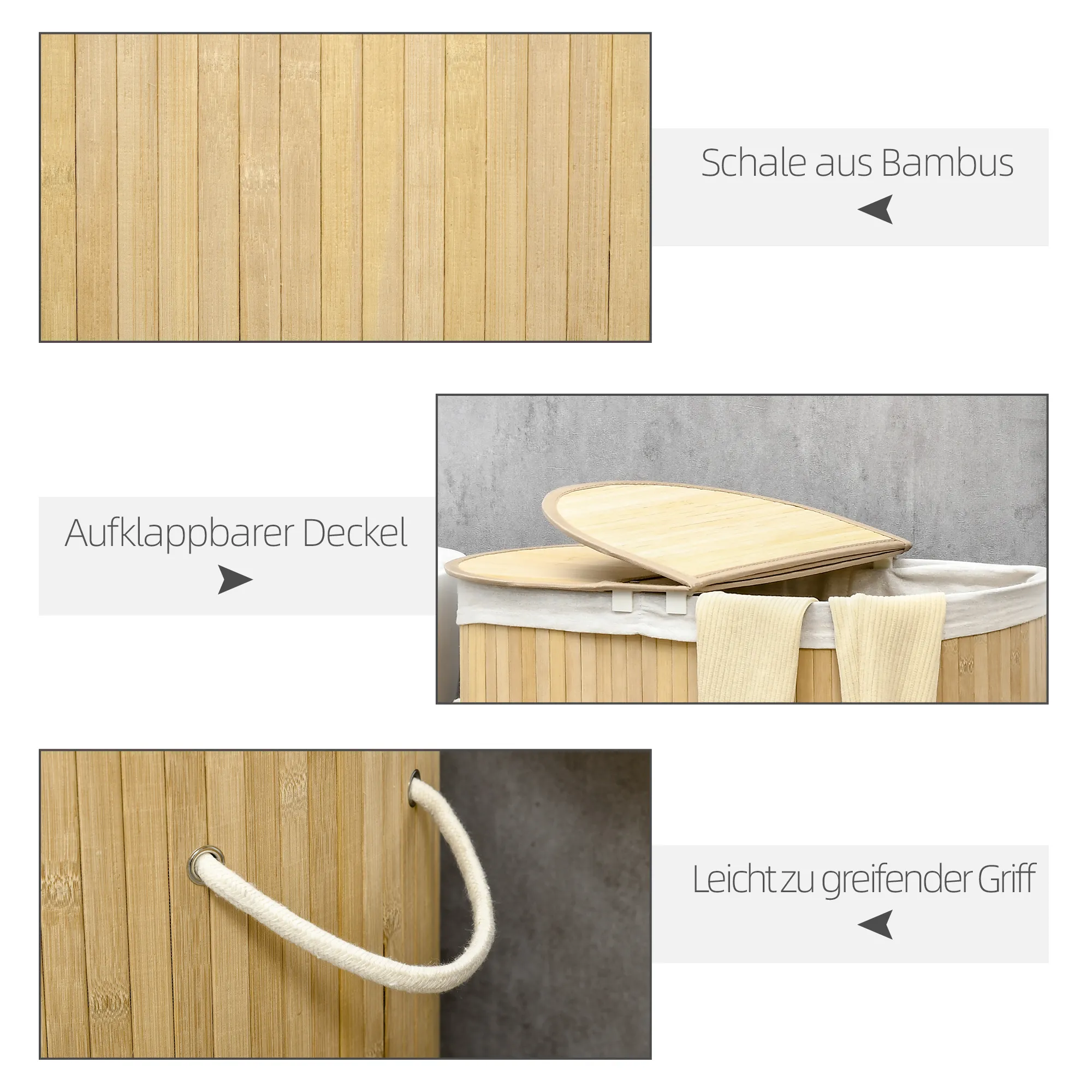 Wäschekorb 100L mit herausnehmbaren Wäschebank 62,5 cm x 37 cm x 60,5 cm Natur + Weiß