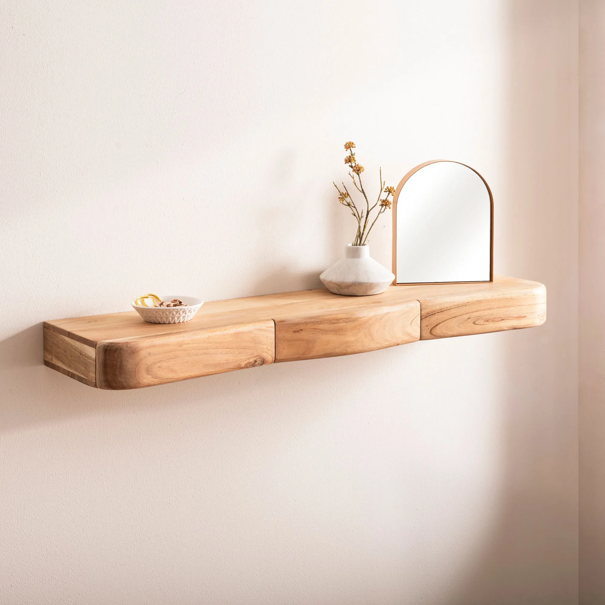 Wandregal Akazie Massivholz 100cm mit drei Schubladen - Design Regal für die Wand - Holz Wandboard mit Stauraum - Schwebendes Hängeregal aus Echtholz