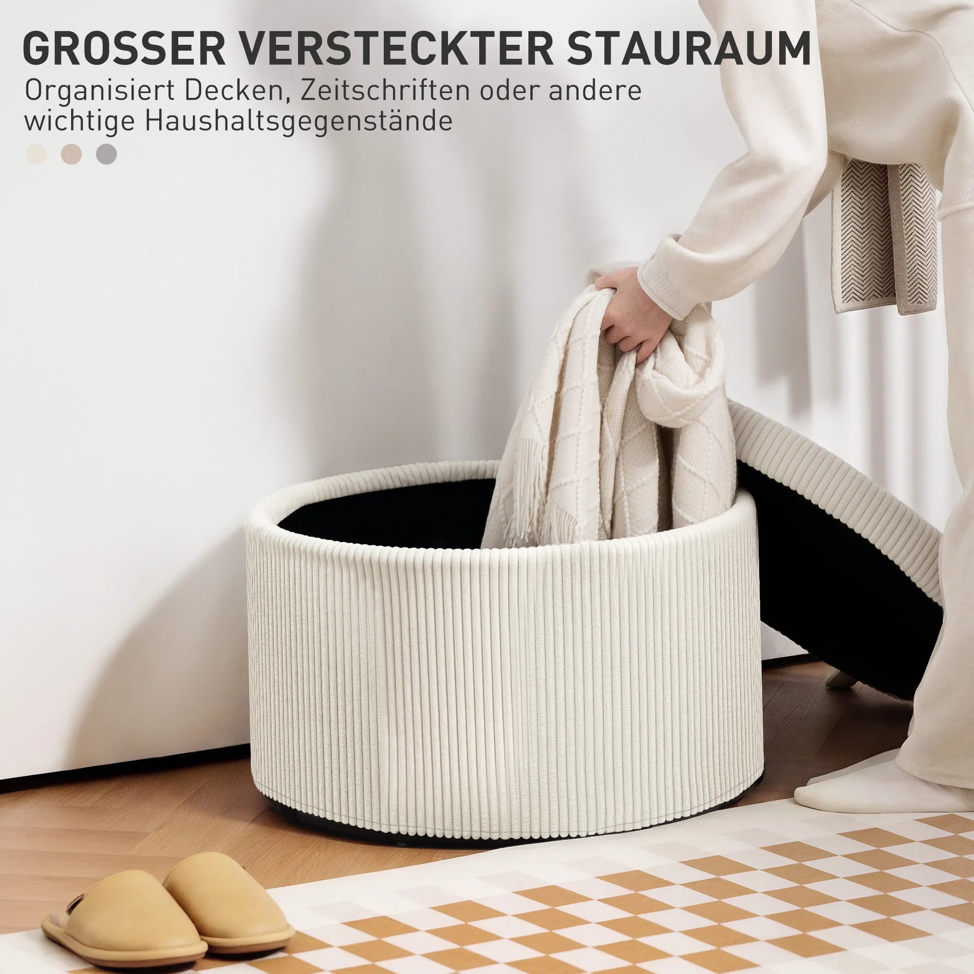 Fußhocker mit 97 L Stauraum, Cordstoff, Schaumstoff, Sitzhocker, Beige