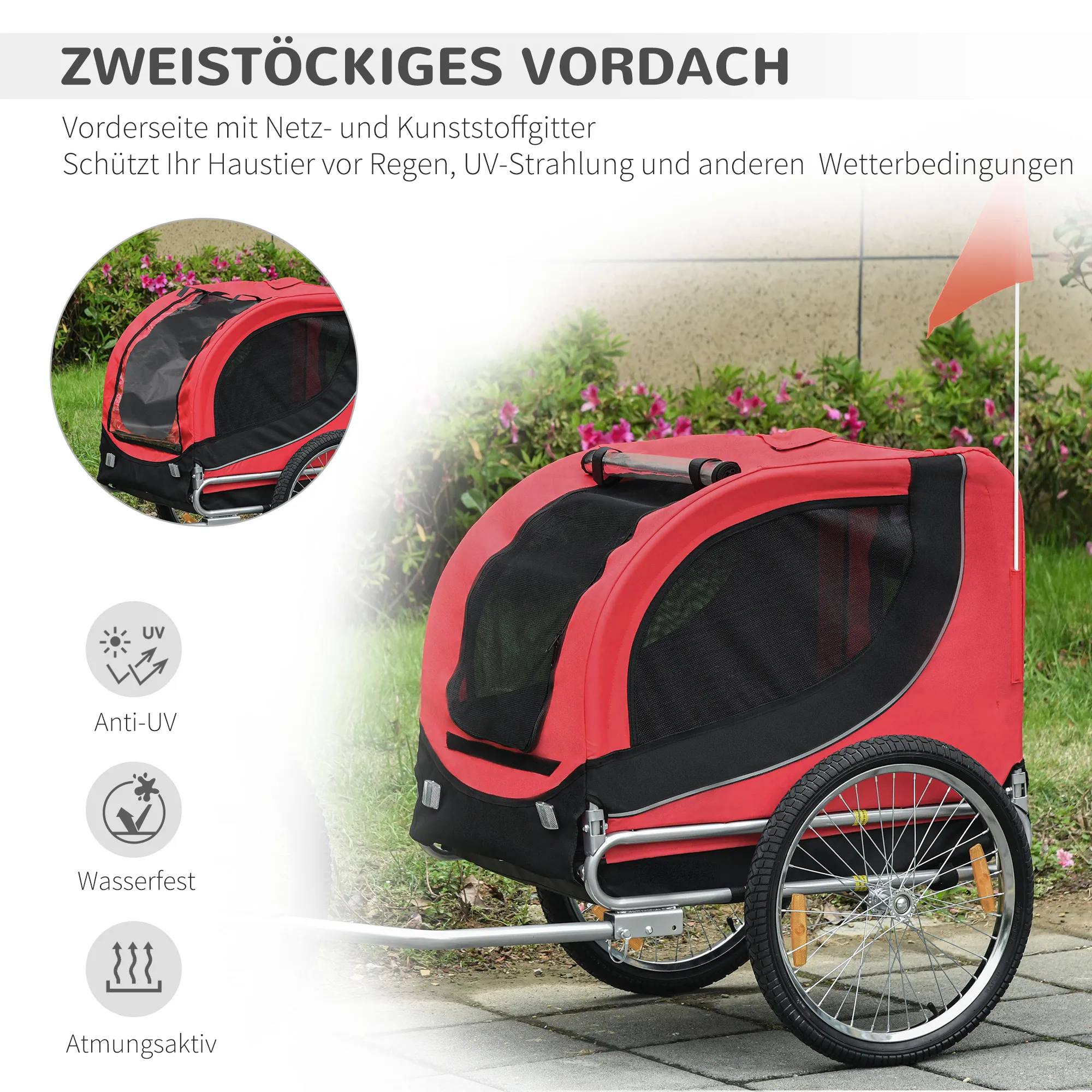 Hundeanhänger für Fahrräder bis 20 kg aus Stahl, Rot+Schwarz