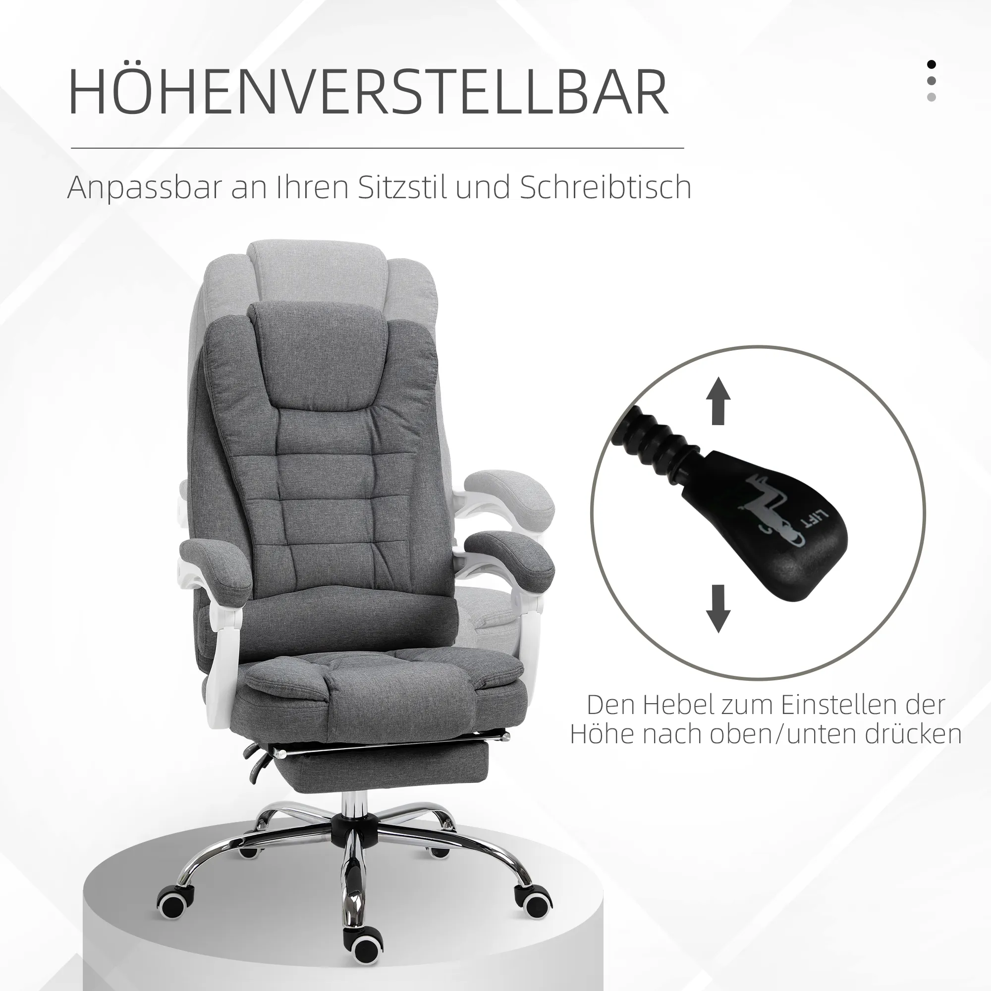 Bürostuhl Grau+Weiß 65L x 70B x 110-118H cm mit Fußstütze