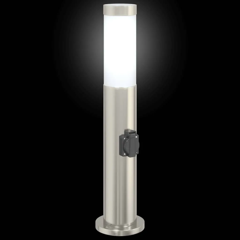 Silberne Pollerleuchte aus Edelstahl 11x50 cm mit integrierter Steckdose