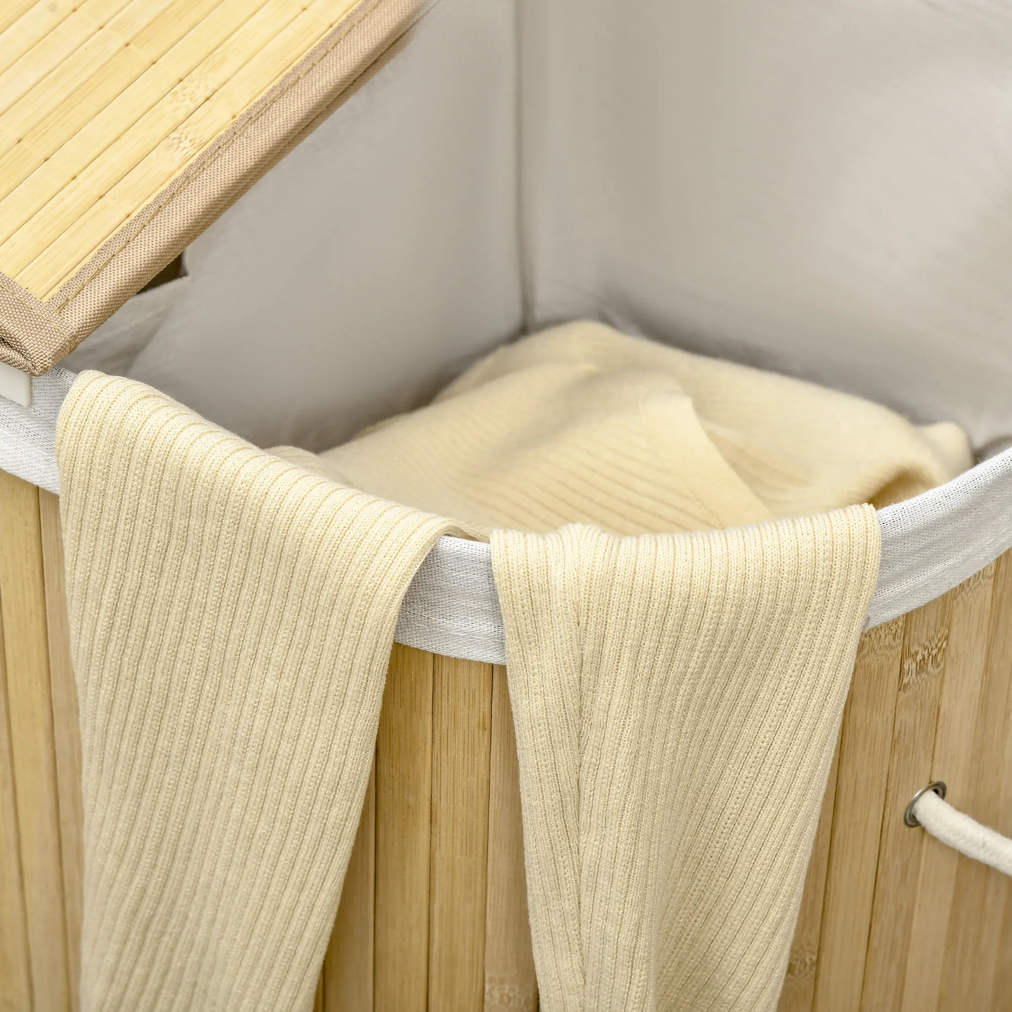 Wäschekorb 100L mit herausnehmbaren Wäschebank 62,5 cm x 37 cm x 60,5 cm Natur + Weiß