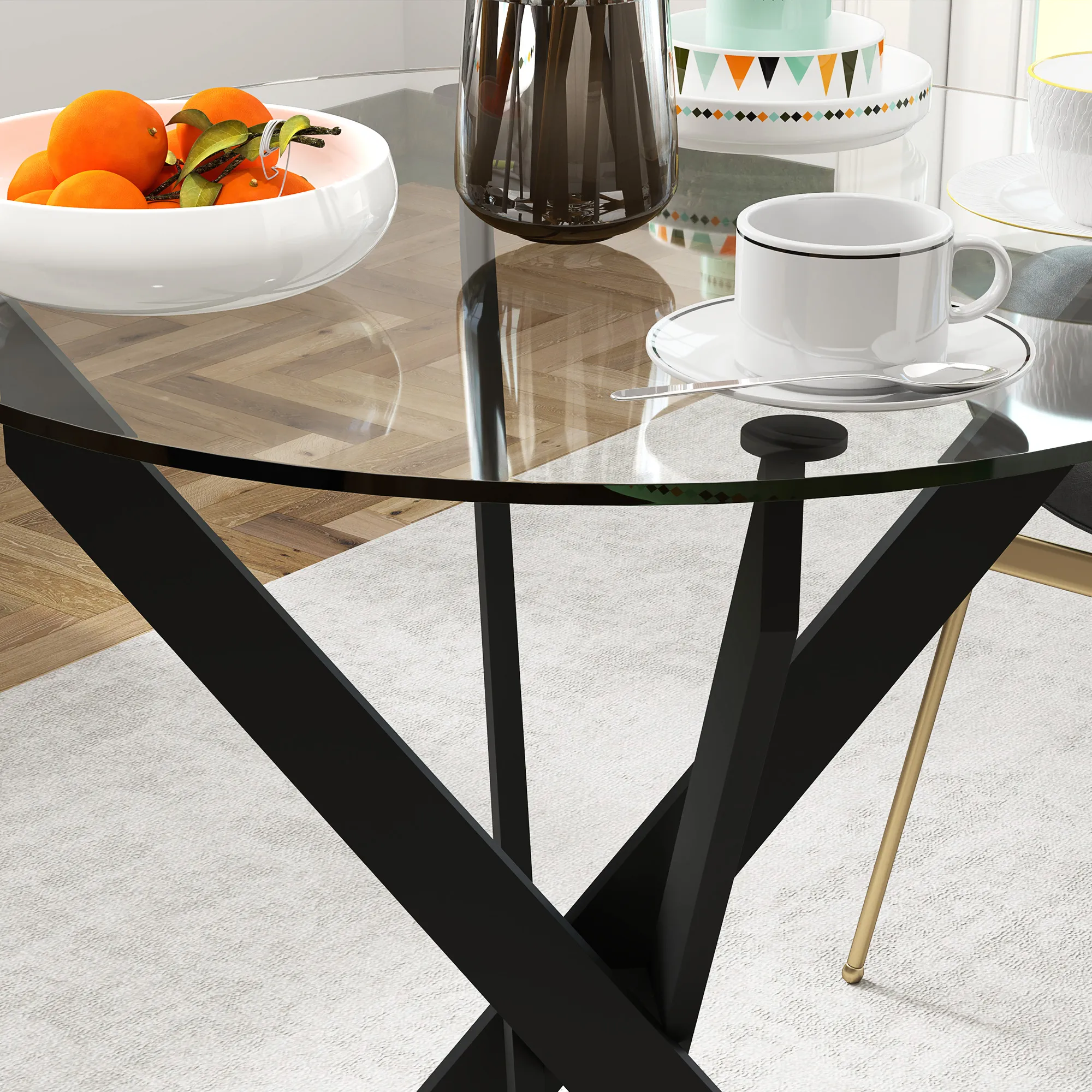 Moderner Glas-Esstisch, 70 cm Durchmesser, Küchentisch mit gehärteter Glasplatte und Metallbeinen, für 4 Personen