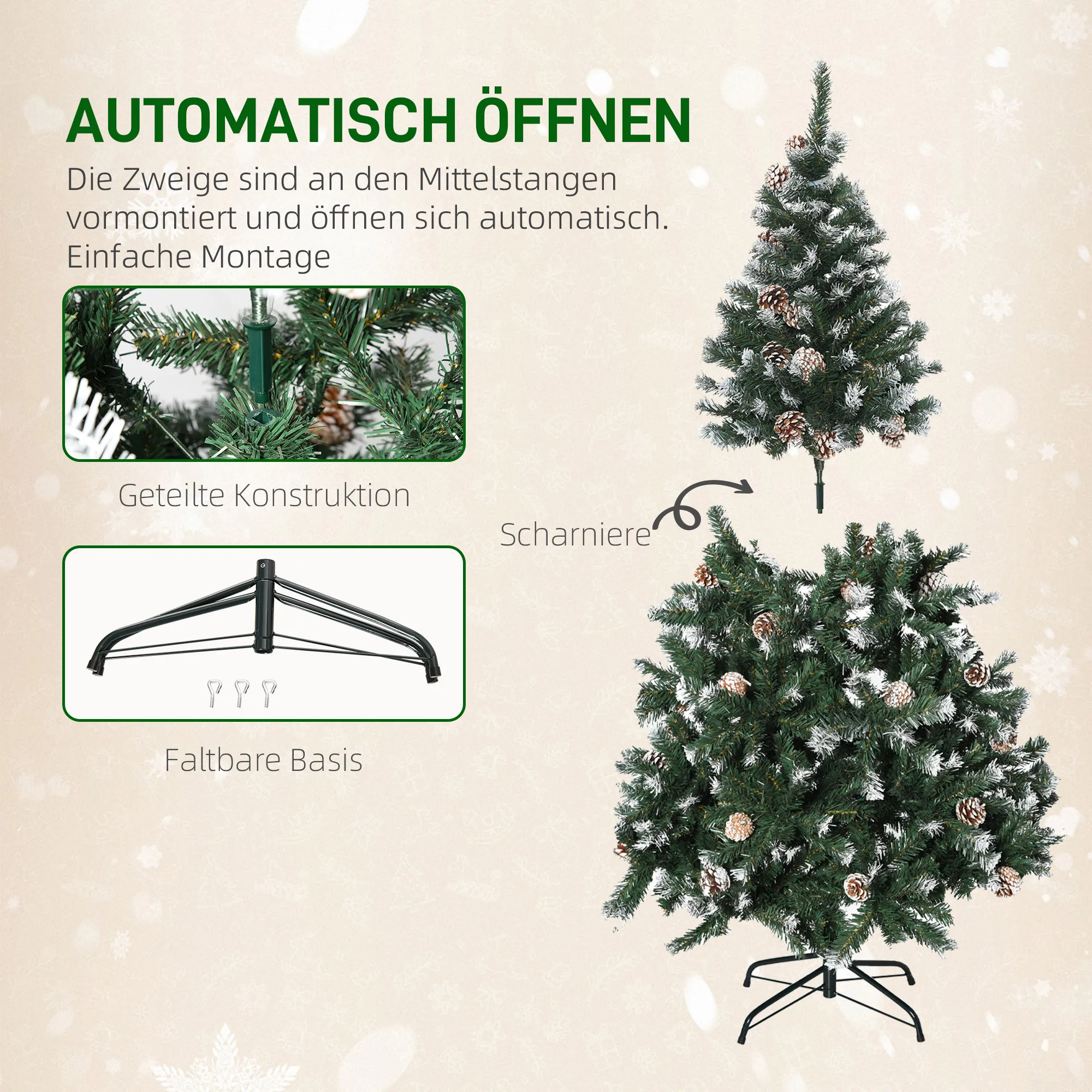 Künstlicher Weihnachtsbaum, 676 Zweige, 41 Zapfen, verschneite Spitzen, feuerfest, 180 cm