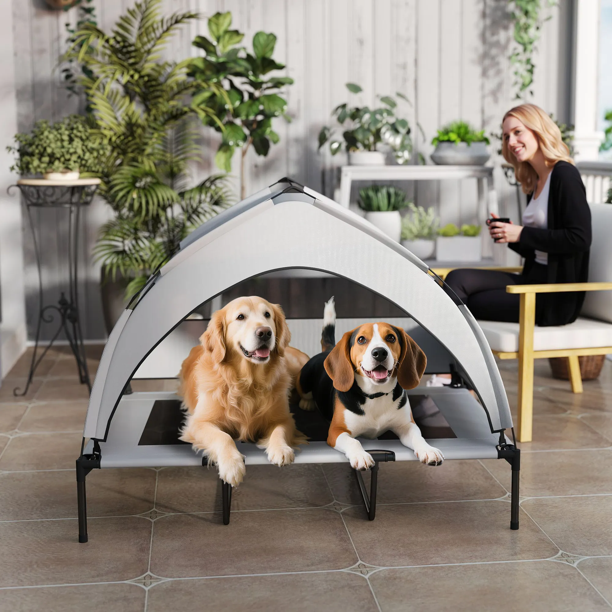 Hundebett Outdoor mit Dach, erhöht, Stahlrahmen, 122x92x94cm, Grau